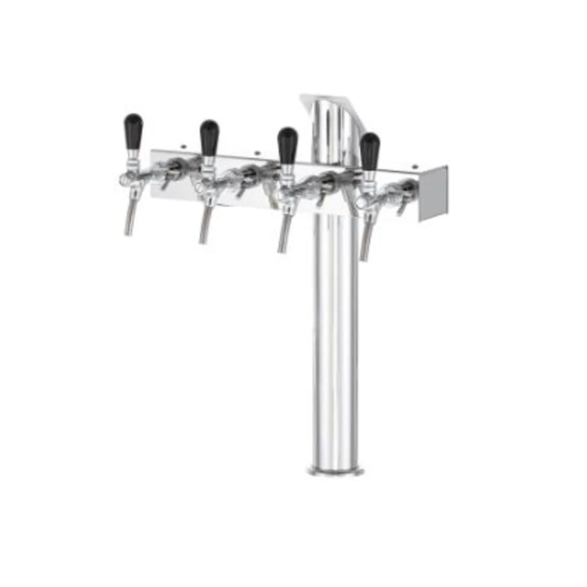 Een chromen biertap met vijf zwarte hendels. Het is gemonteerd op een rechthoekige plaat en een cilindrische basis.