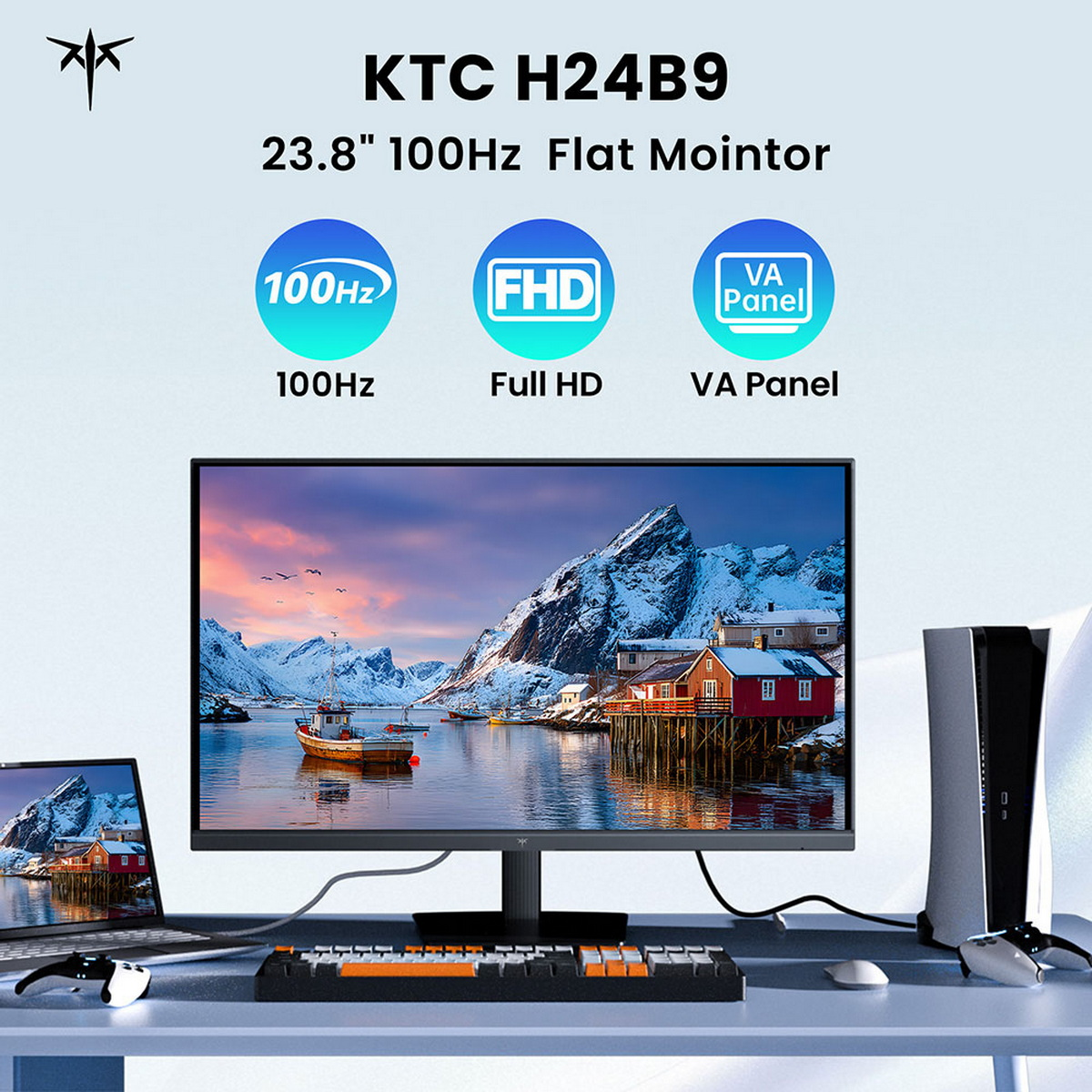 Ein Computer-Setup mit Monitor, der eine Landschaft zeigt, Tastatur, Maus, Laptop und Konsole auf einem Schreibtisch.