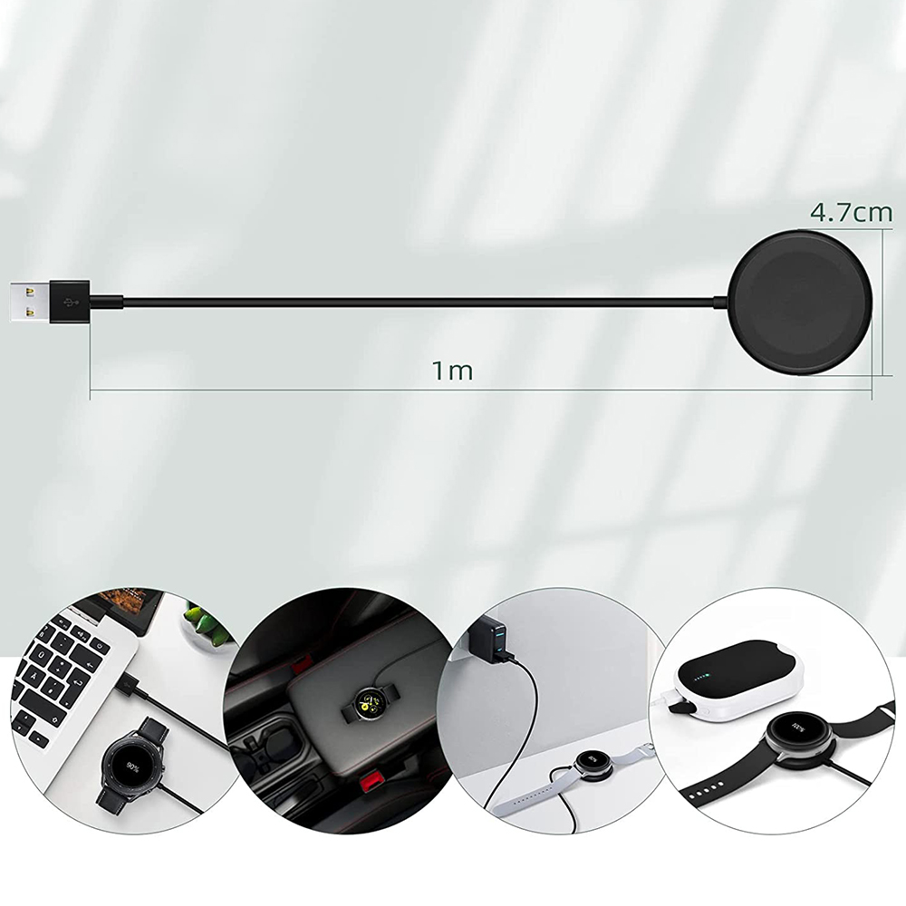 Schwarzes Smartwatch-Ladekabel mit rundem Ladepad. Darunter zeigen vier Bilder die Uhr beim Laden in verschiedenen Szenarien.