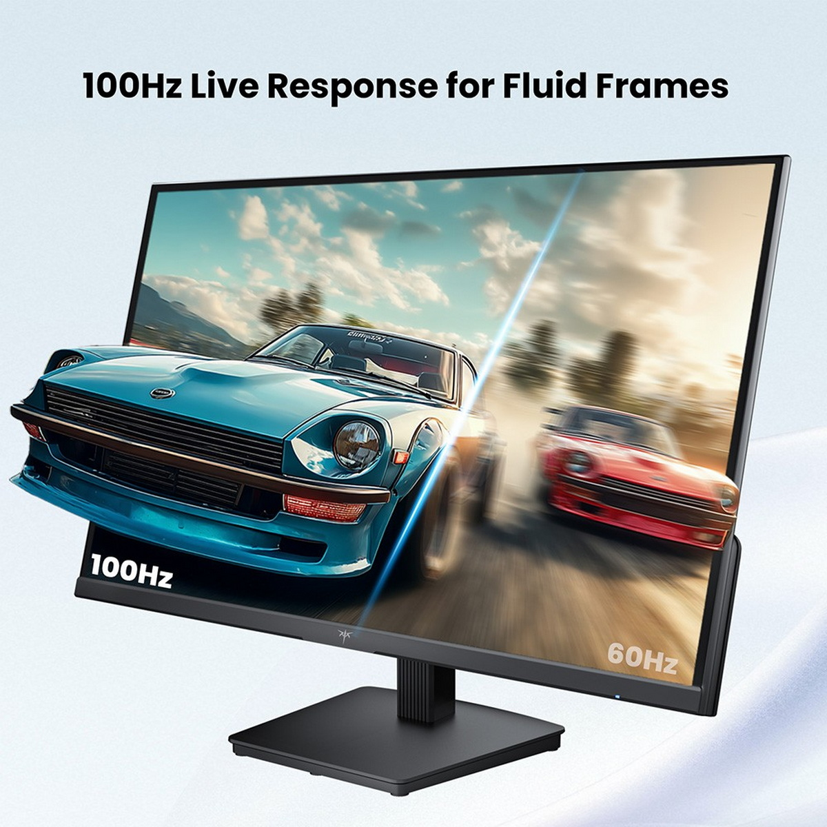 Ein Monitor zeigt eine Rennszene mit zwei Autos. Blaues Auto vorne, rotes Auto dahinter. Text auf dem Bildschirm sagt 100 Hz und 60 Hz.