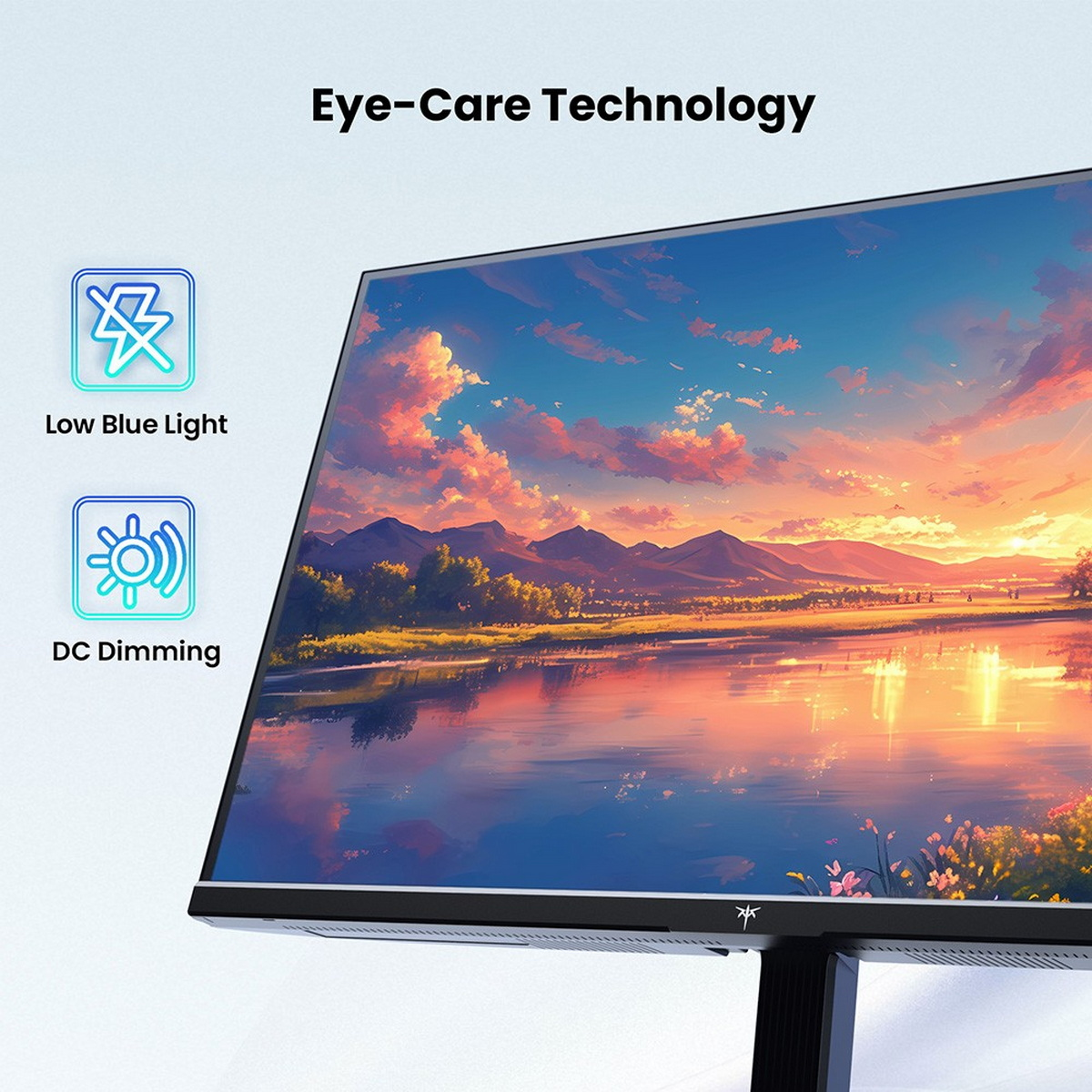 Monitor mit Sonnenuntergangsszene über Wasser. Icons für Low Blue Light und DC Dimming, beschriftet 'Eye-Care Technology'.