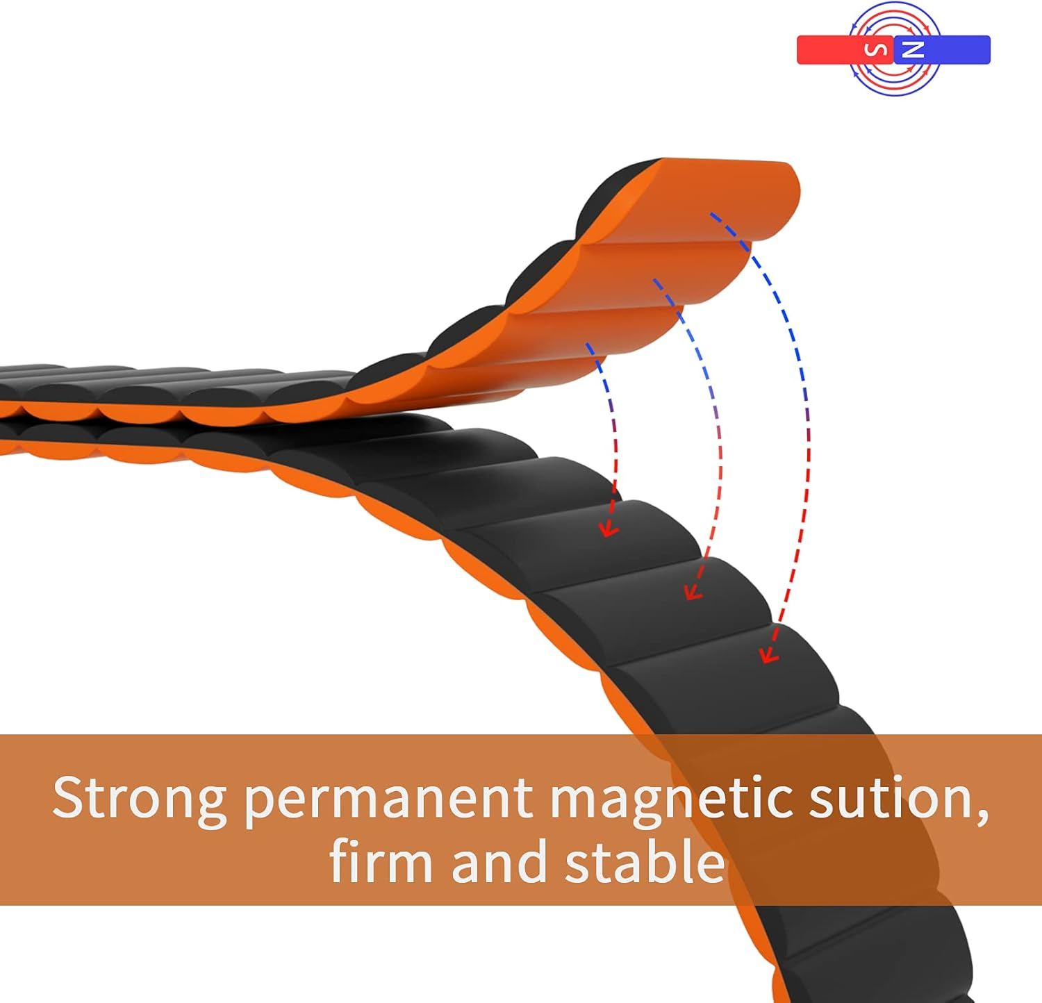 Schwarzes und oranges Uhrenarmband mit magnetischen Anziehungslinien. Text: starke magnetische Saugkraft, fest und stabil. Rot/blaues Magnet-Symbol.