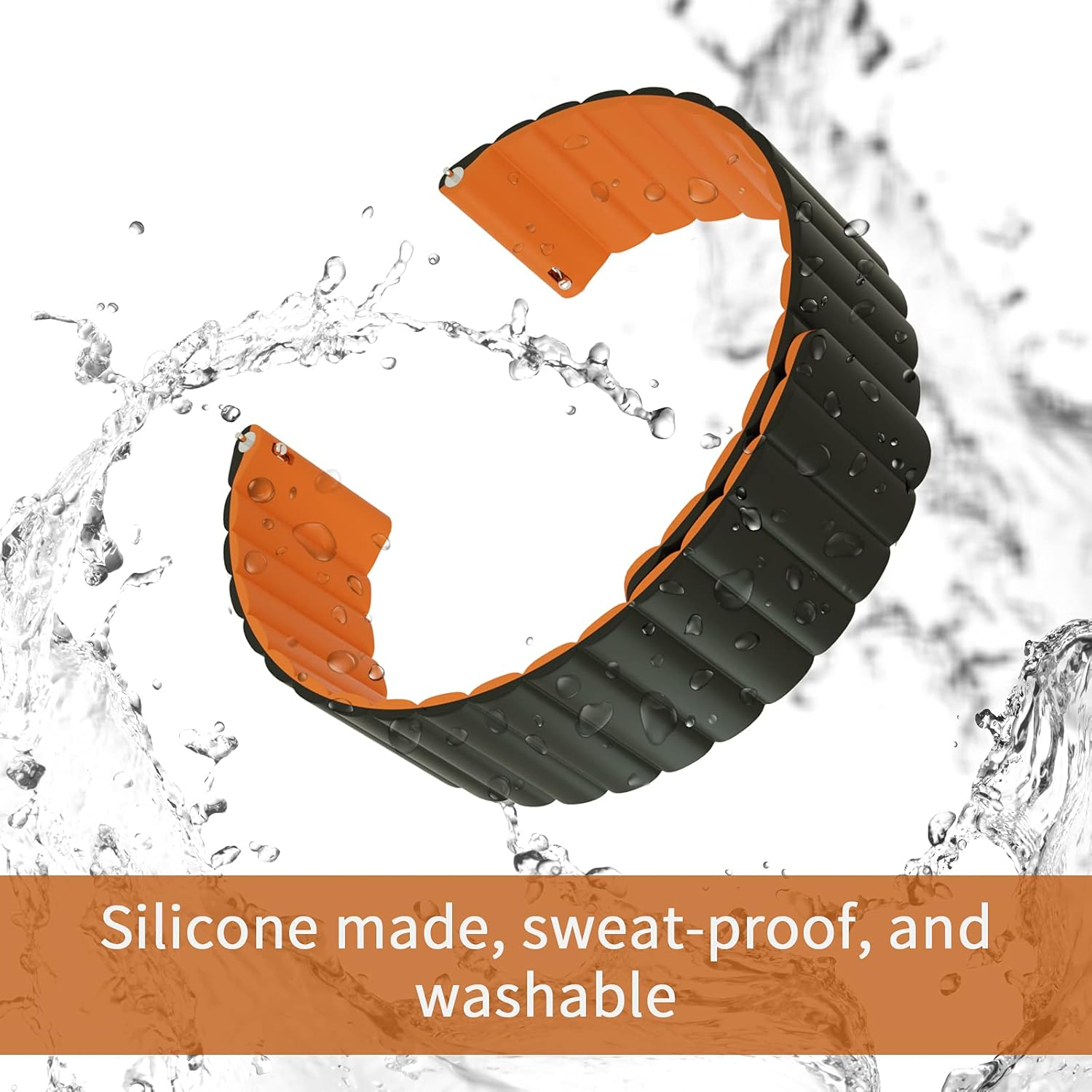 Ein orange-schwarzes Uhrenarmband mit Wassertropfen. Der Text lautet: Silikon, schweißfest und waschbar.