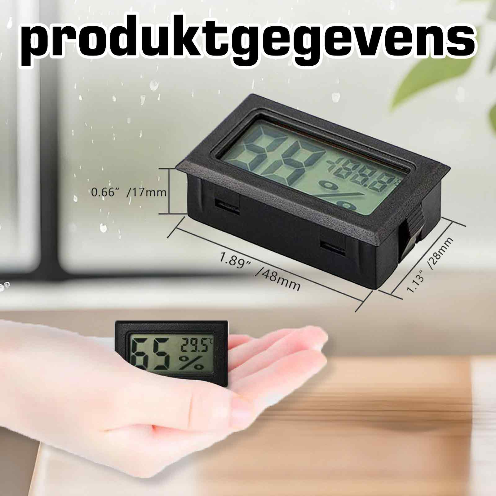 Ein digitales Thermometer zeigt Temperatur und Luftfeuchtigkeit an. Ein kleines wird in der Hand gehalten. Abmessungen sind angegeben.