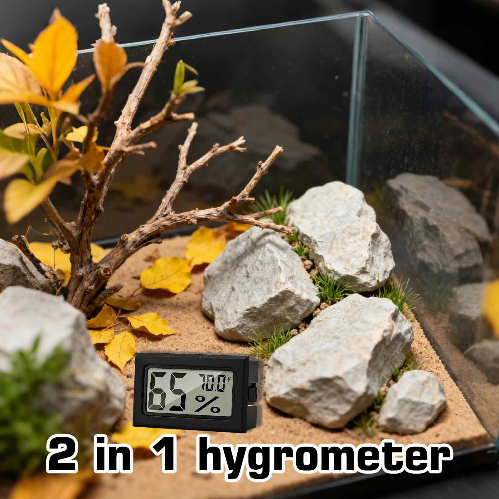 Ein Terrarium mit Steinen, Pflanzen, gelben Blättern und einem digitalen Hygrometer, das Feuchtigkeit und Temperatur anzeigt.