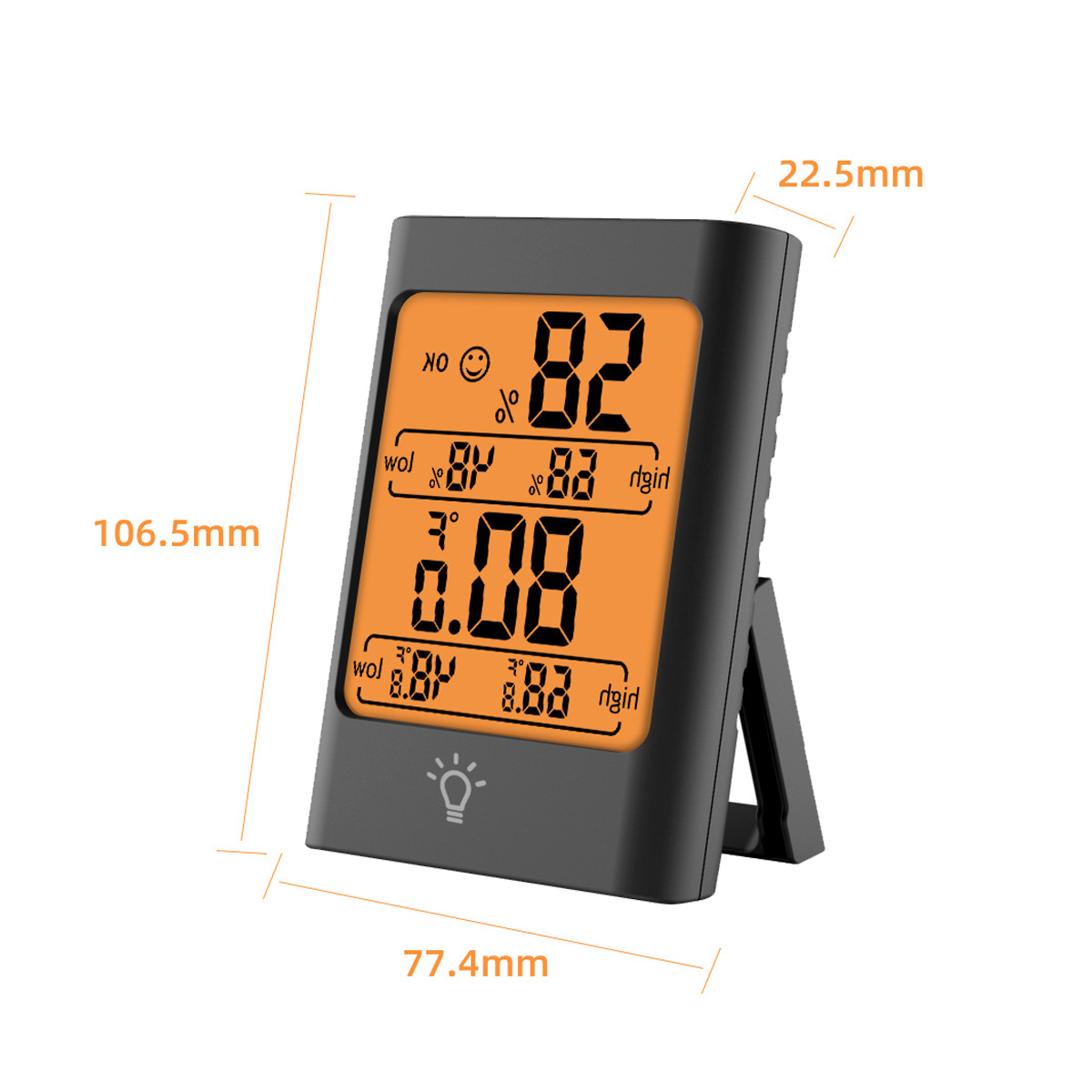 Ein schwarzes digitales Thermometer zeigt Messwerte auf einem orangefarbenen Bildschirm an, mit beschrifteten Abmessungen. Der Bildschirm zeigt Zahlen und Symbole.