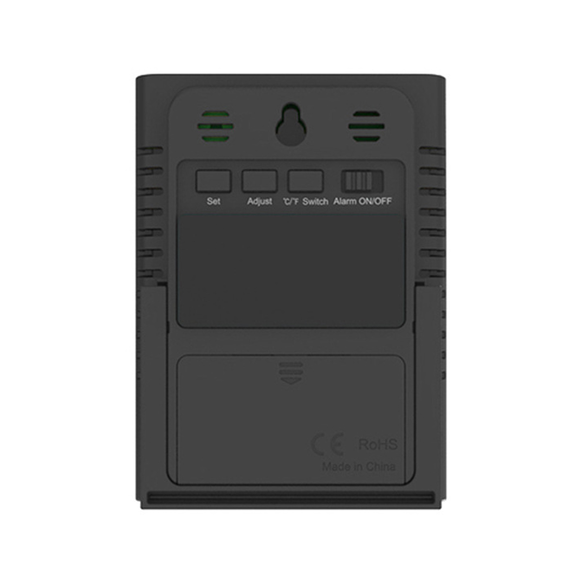 Ein schwarzes Digitalgerät mit den Tasten 'Set', 'Adjust' und 'C/F Switch'. Enthält einen Alarm Ein/Aus-Schalter. 'Made in China' sichtbar.
