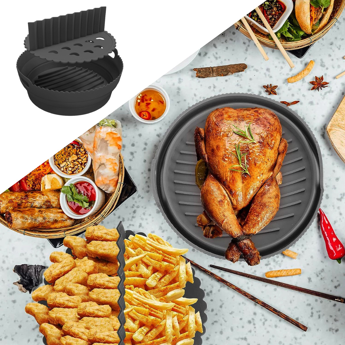 Ein Airfryer mit Brathähnchen, Pommes Frites, Nuggets und Frühlingsrollen. Verschiedene Saucen und Gewürze umgeben das Essen.