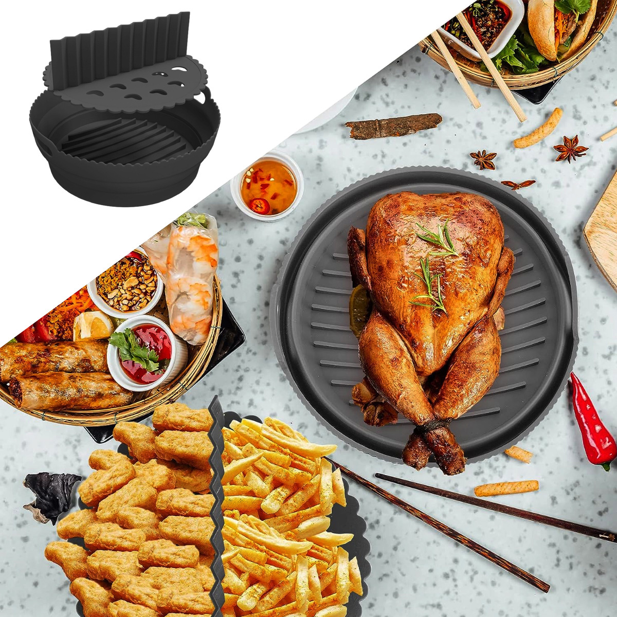 Ein Airfryer-Korb und gebratenes Hähnchen mit Pommes Frites und Nuggets sowie Frühlingsrollen mit Dip-Saucen.