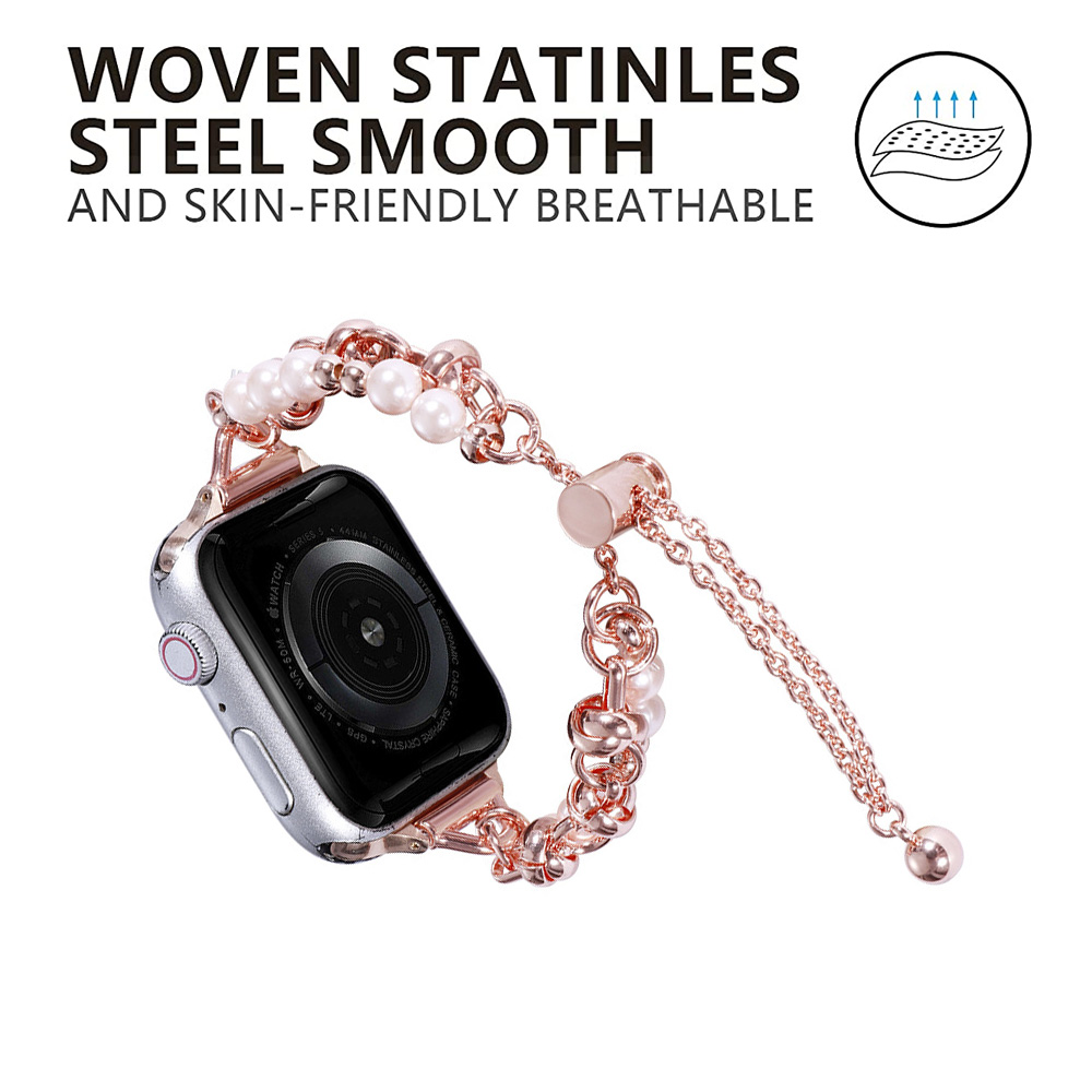 Eine Apple Watch mit einem roségoldenen Perlenarmband. Der Text oben lautet: 'gewebter Edelstahl glatt und hautfreundlich atmungsaktiv'.