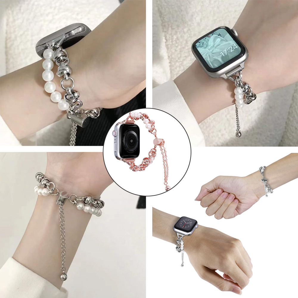 Mehrere Ansichten eines Handgelenks mit einer Apple Watch mit Perlen- und Kettenarmband. Es gibt verschiedene Stile und Farben.