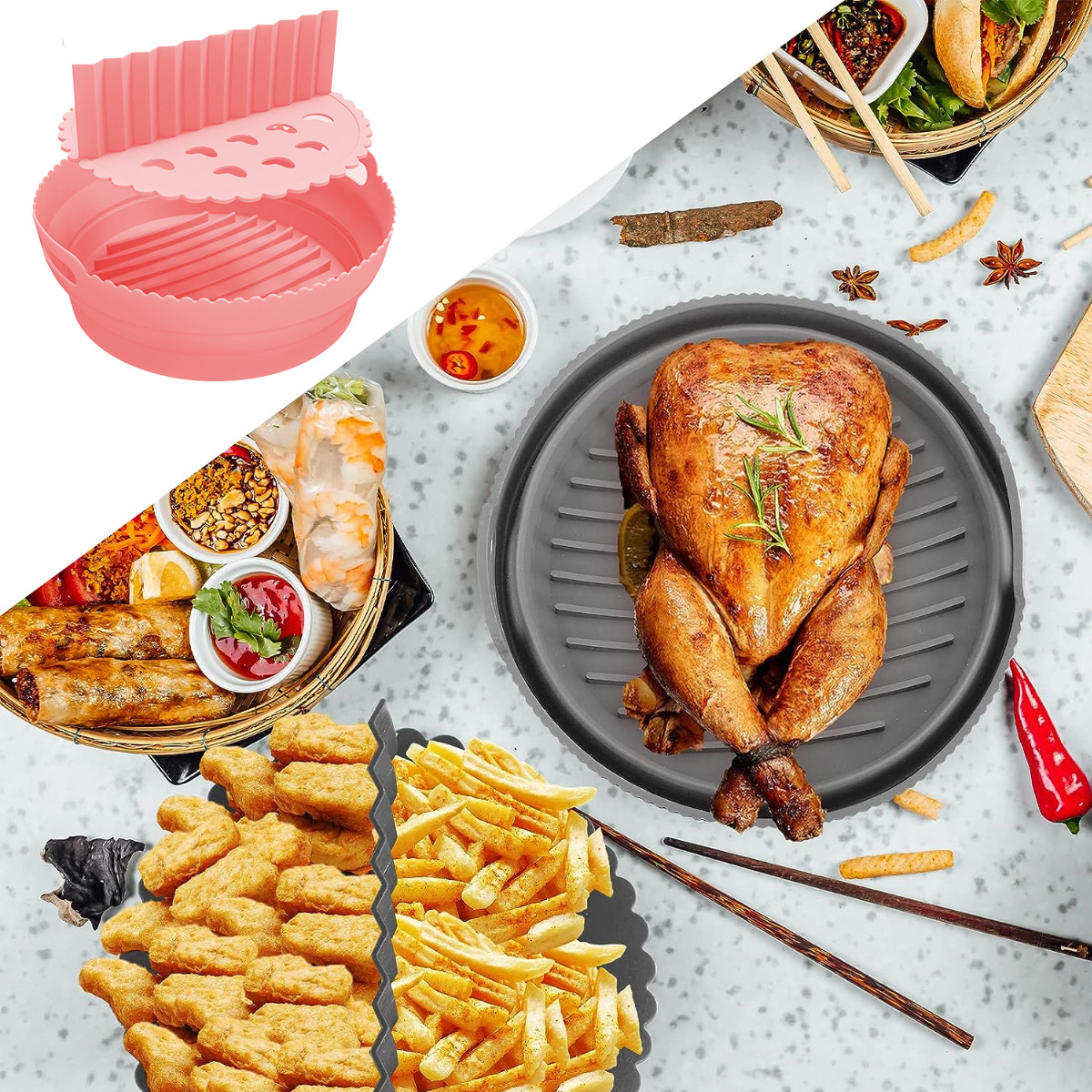Ein gebratenes Huhn, Pommes Frites, Nuggets, Frühlingsrollen und ein rosa Airfryer-Korb liegen auf einer weißen Oberfläche.