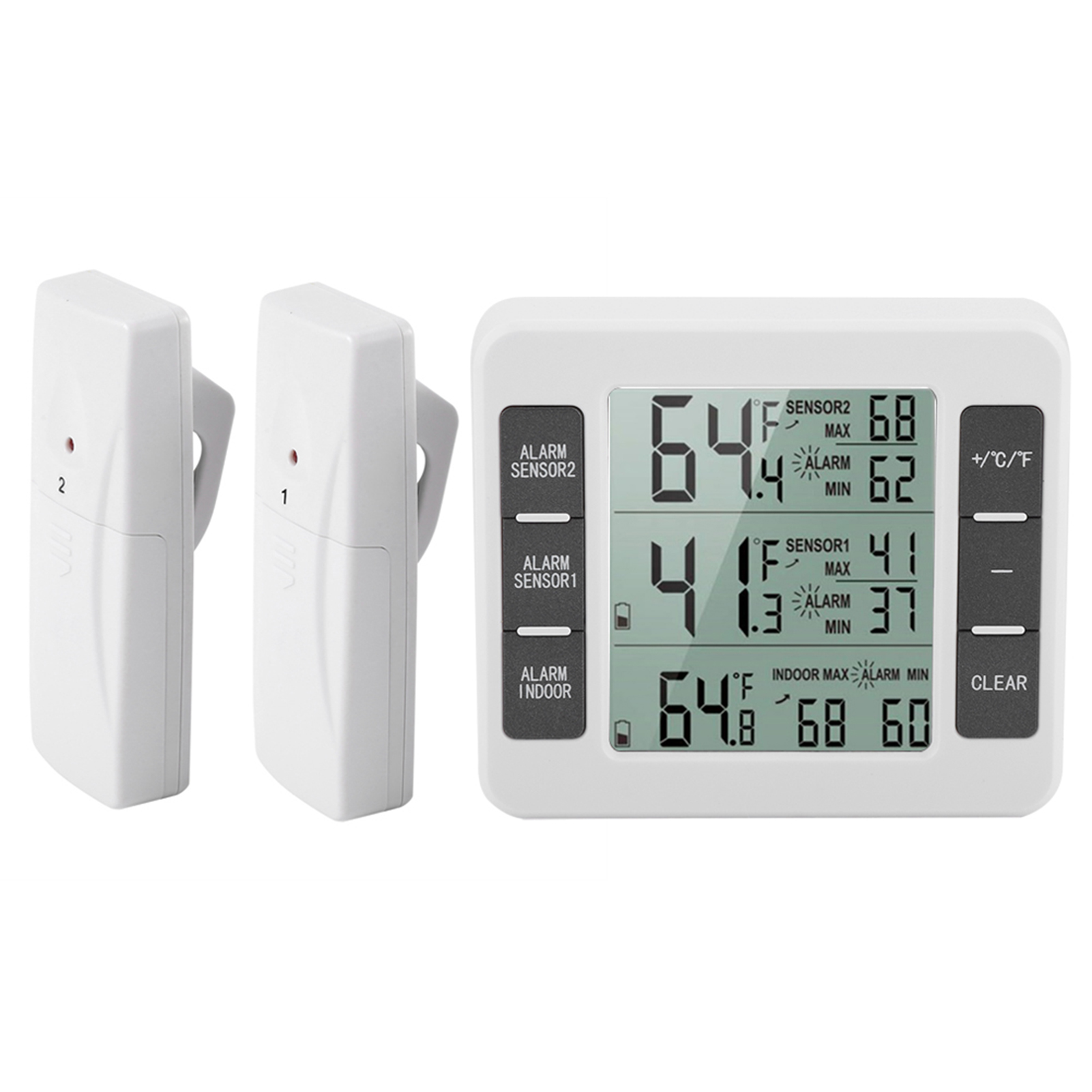 Ein weißes digitales Thermometer zeigt Temperaturmesswerte an. Zwei weiße Sensoren befinden sich links.