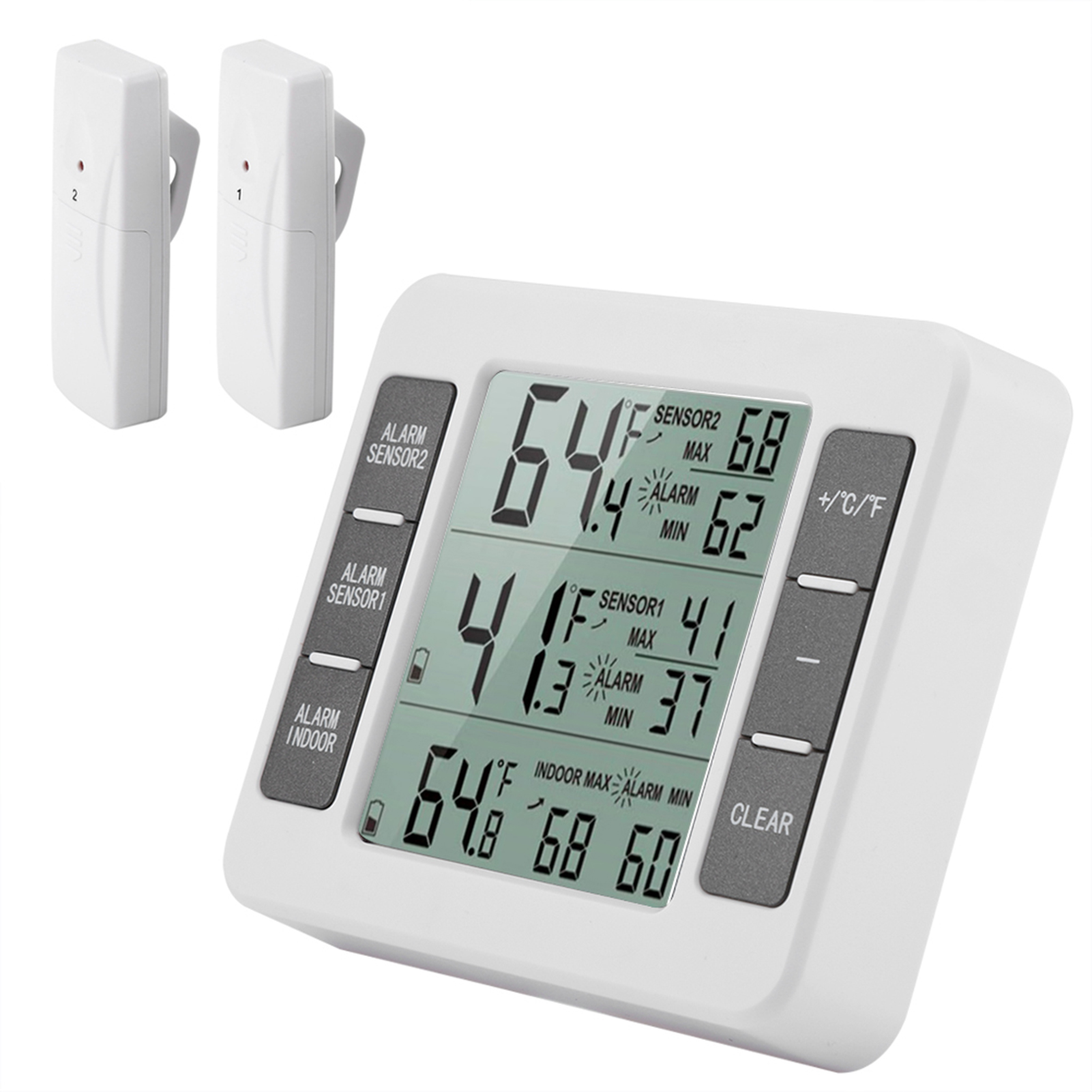 Ein weißes digitales Thermometer mit zwei weißen Sensoren. Das Display zeigt Temperaturmesswerte und Tasten für verschiedene Funktionen.