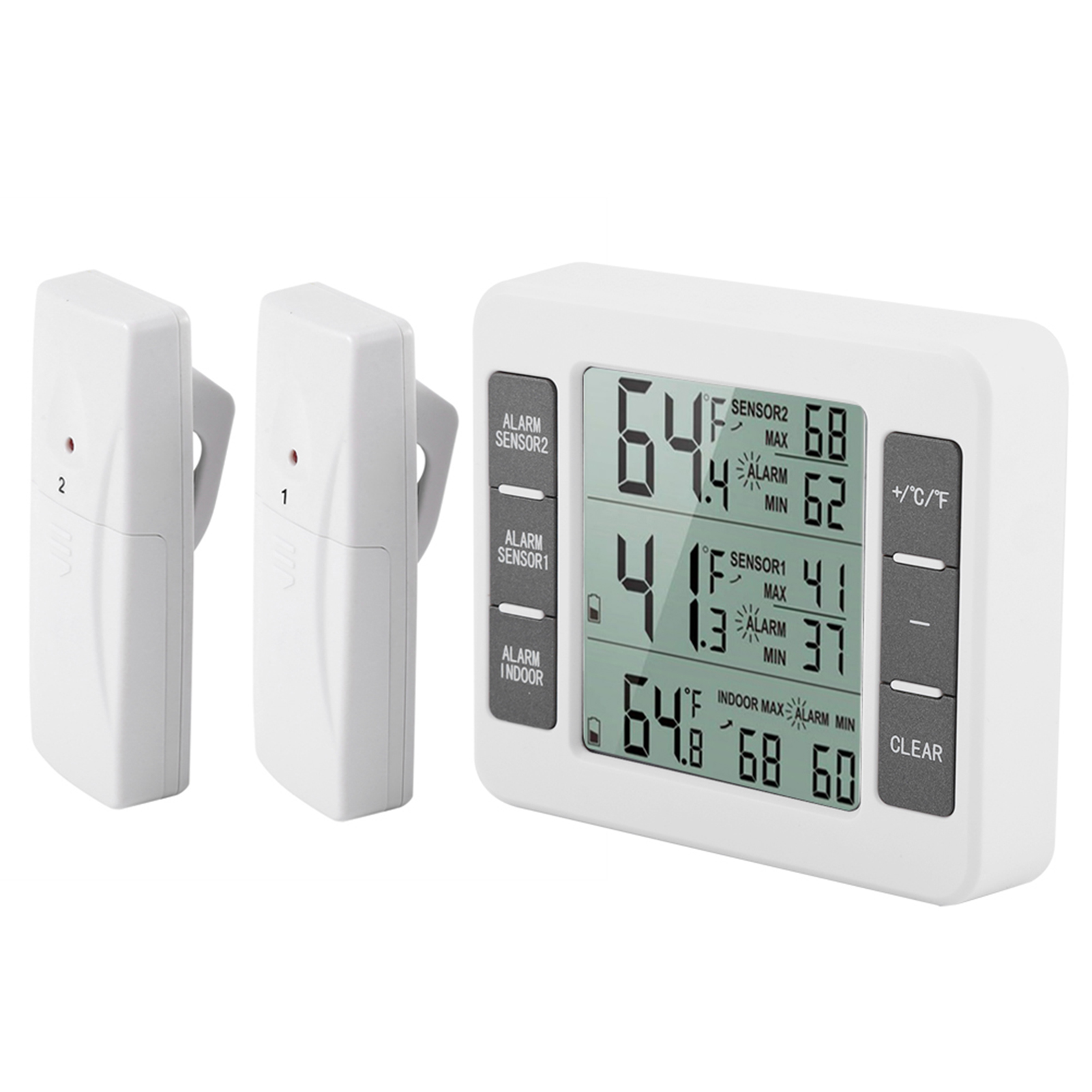 Ein weißes digitales Thermometer mit zwei Sensoren. Zeigt Temperaturwerte an und hat Tasten für Einstellungen.