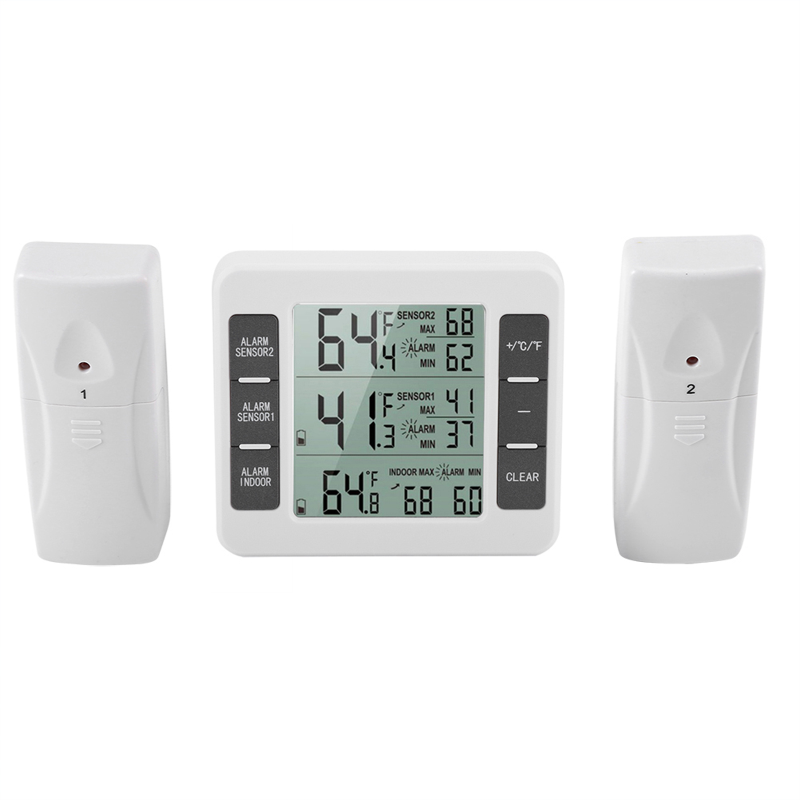 Ein weißes digitales Thermometer mit zwei weißen Sensoren an den Seiten. Der Bildschirm zeigt Temperaturwerte und Einstellungen an.