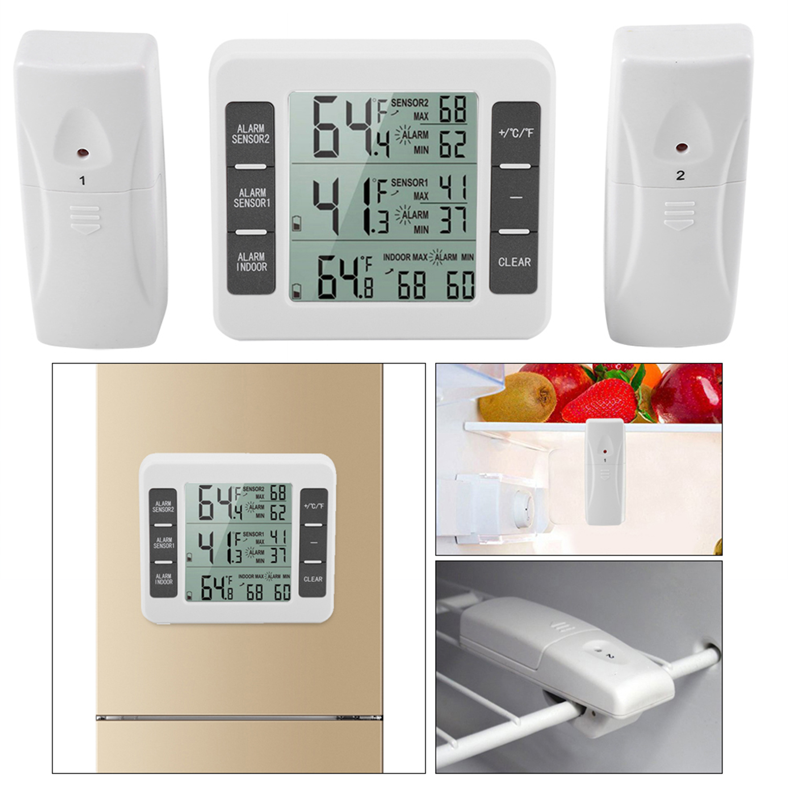 Ein weißes digitales Thermometer zeigt Temperaturmesswerte an. Zwei weiße Sensoren befinden sich an den Seiten. Die Abbildung zeigt sie im Einsatz.