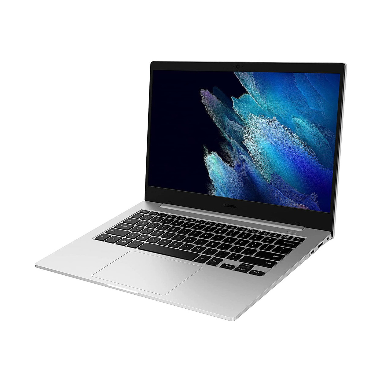 Ein silberner Laptop ist leicht geöffnet und zeigt ein blau-weißes abstraktes Bild auf dem Bildschirm. Die Tastatur ist schwarz.