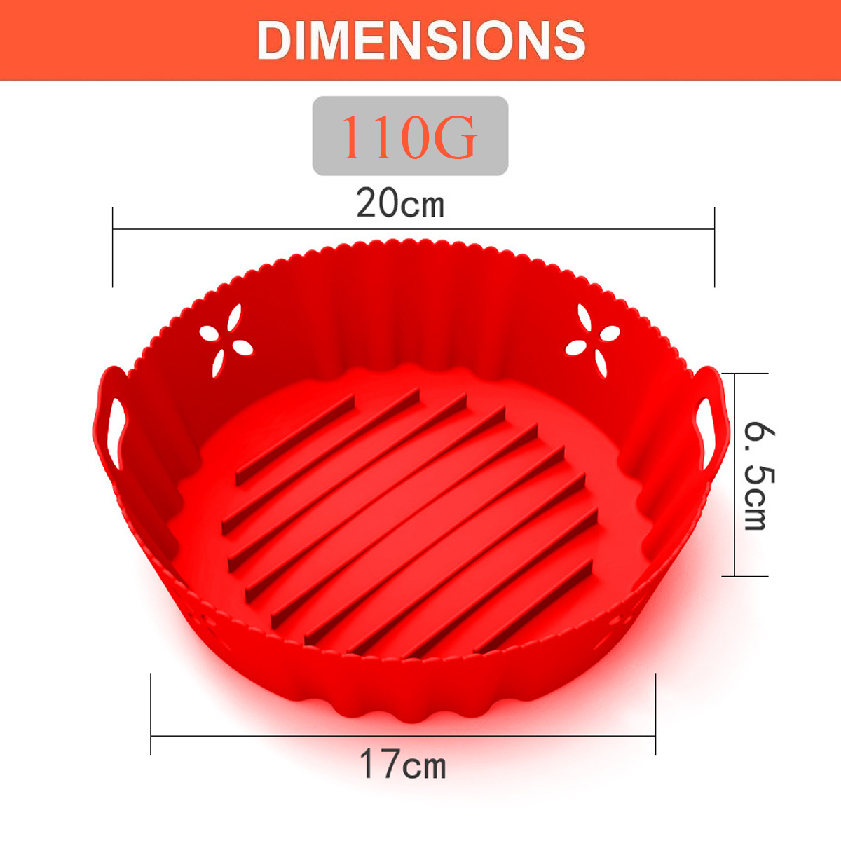 Ein roter Silikon-Frittierkorb. Abmessungen: 20 cm, 17 cm und 6,5 cm. Er hat einen geriffelten Boden und Griffe. Gewicht 110g.