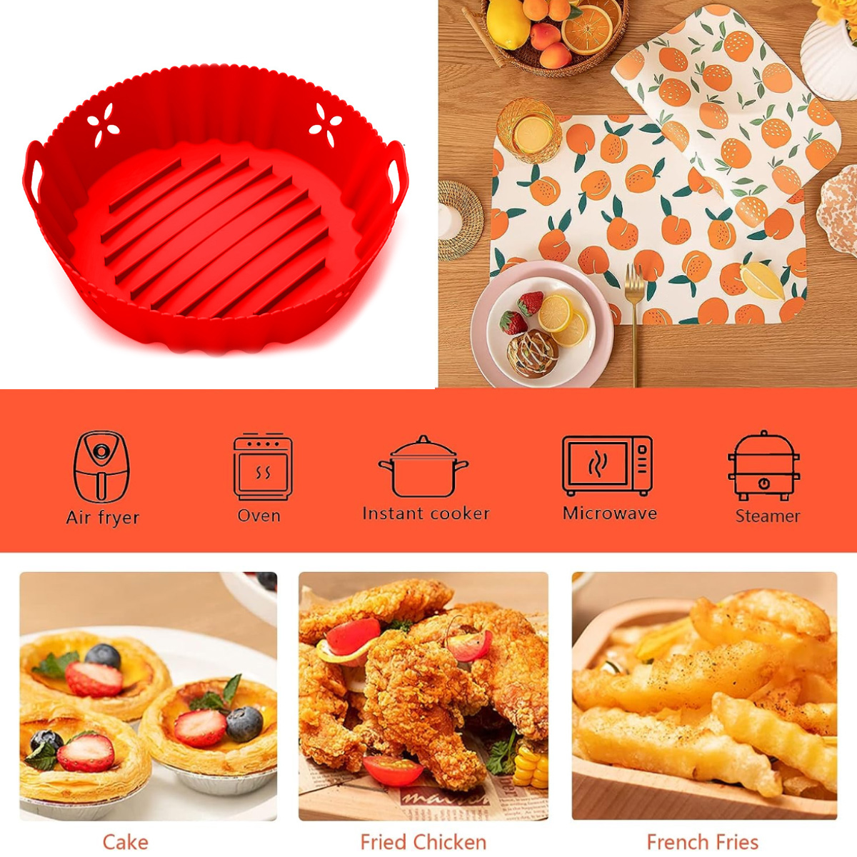 Roter Silikon-Airfryer-Korb, Lebensmittel und Küchengeräte-Symbole. Kuchen, Brathähnchen und Pommes Frites sind abgebildet.