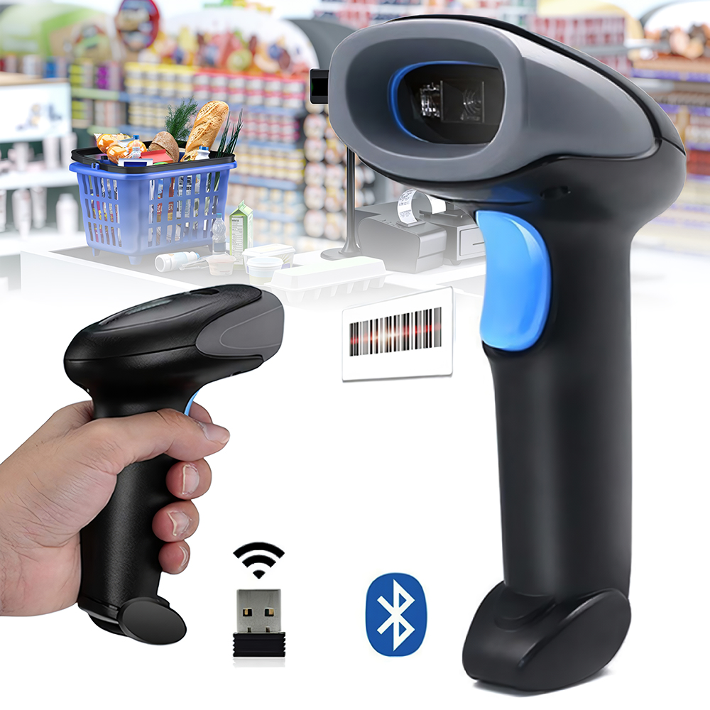 Ein tragbarer Barcode-Scanner mit blauem Knopf und eine Hand, die einen ähnlichen Scanner hält, sind zu sehen. Im Hintergrund ist ein Einkaufskorb.