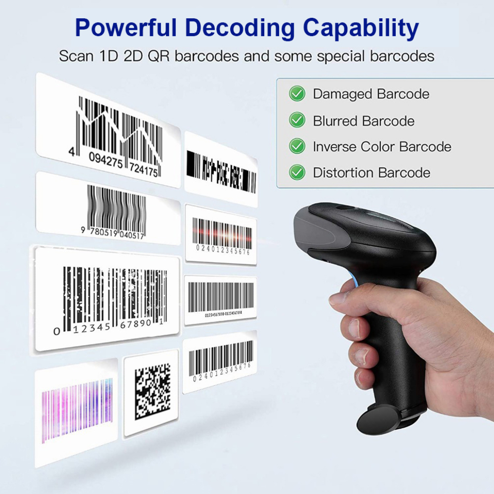 Eine Hand hält einen schwarzen Barcode-Scanner und scannt verschiedene Barcode-Beispiele. Text: 'Leistungsstarke Dekodierungsfähigkeit'.