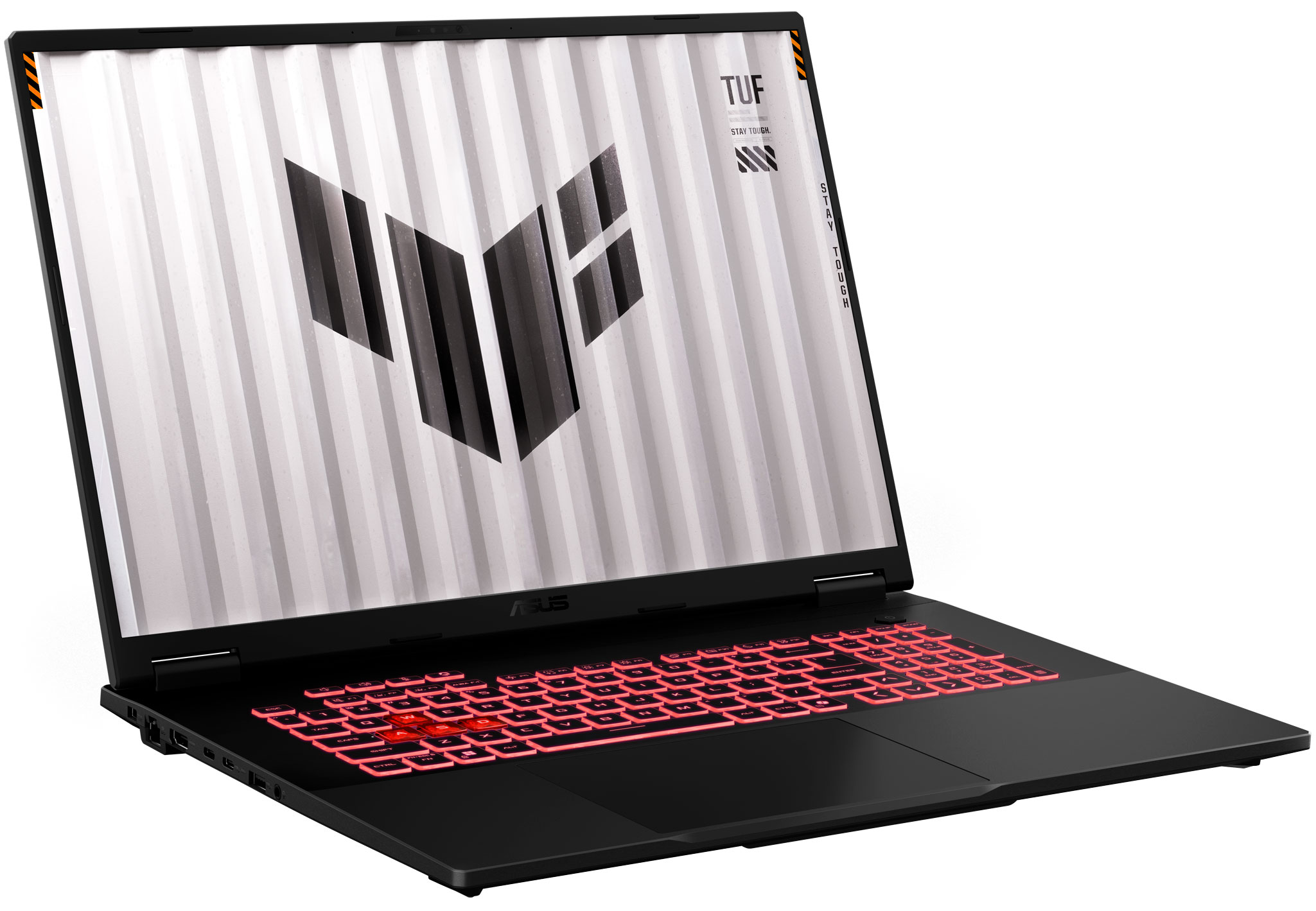 Schwarzer Laptop mit rot beleuchteter Tastatur. Der Bildschirm zeigt eine weiß-graue Grafik mit dem Wort 'TUF'.