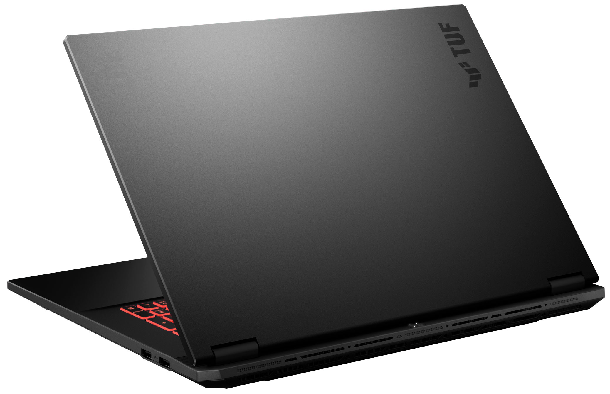 Schwarzer Laptop mit geöffnetem Deckel. Die Tastatur hat rot hinterleuchtete Tasten. Das TUF-Logo befindet sich auf dem Deckel. Der Hintergrund ist weiß.