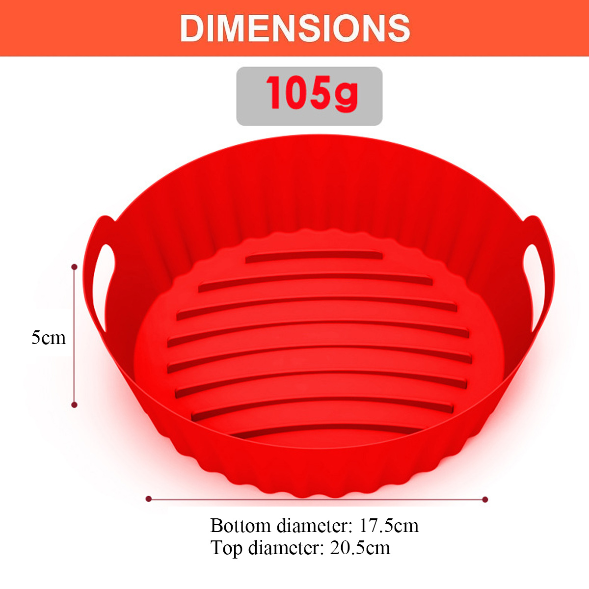 Ein roter Silikon-Airfryer-Korb. Abmessungen: 5 cm Höhe, 17,5 cm Bodendurchmesser und 20,5 cm oberer Durchmesser. Es wiegt 105 g.