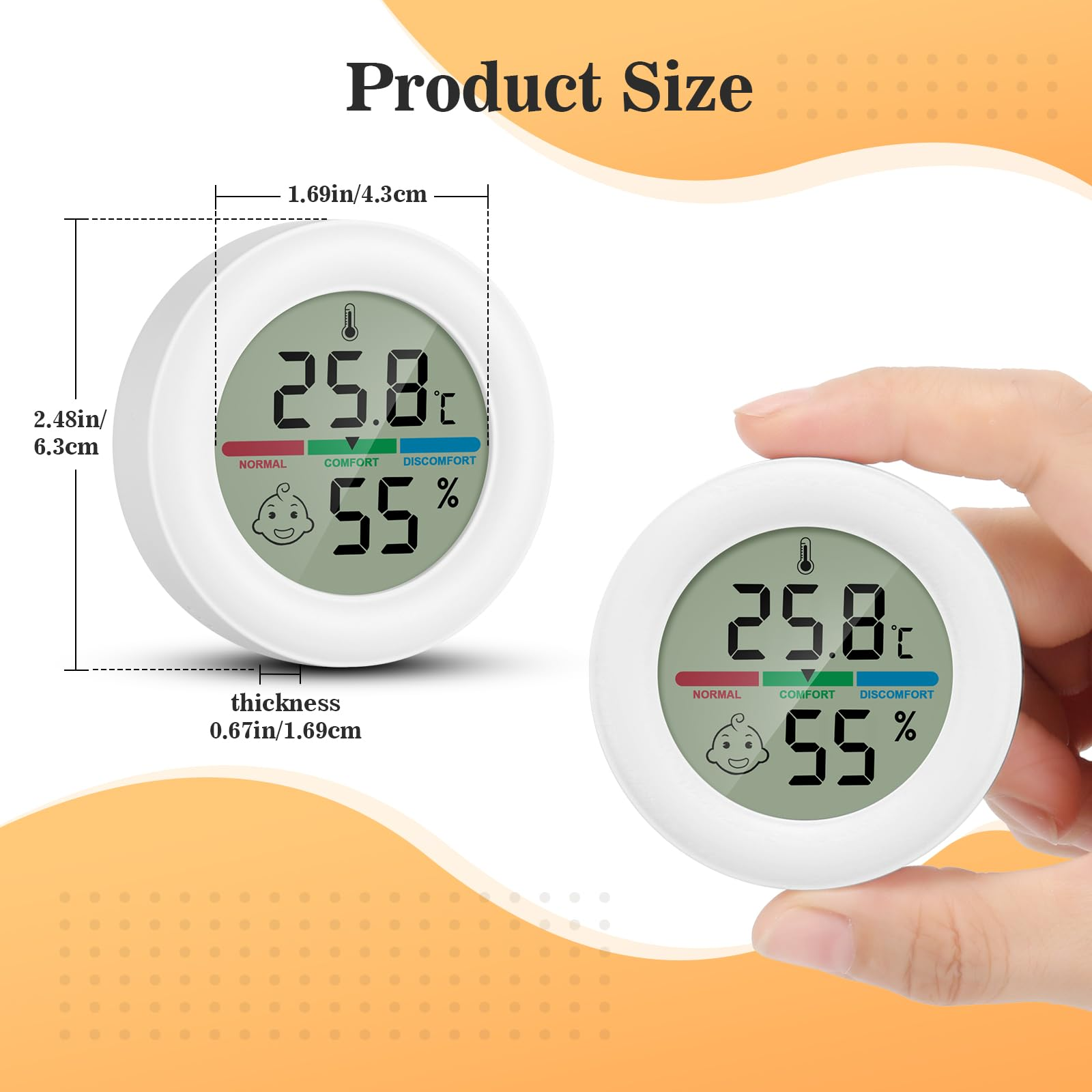 Das Bild zeigt ein weißes digitales Thermometer mit Temperatur- und Feuchtigkeitsmesswerten. Eine Hand hält eins.