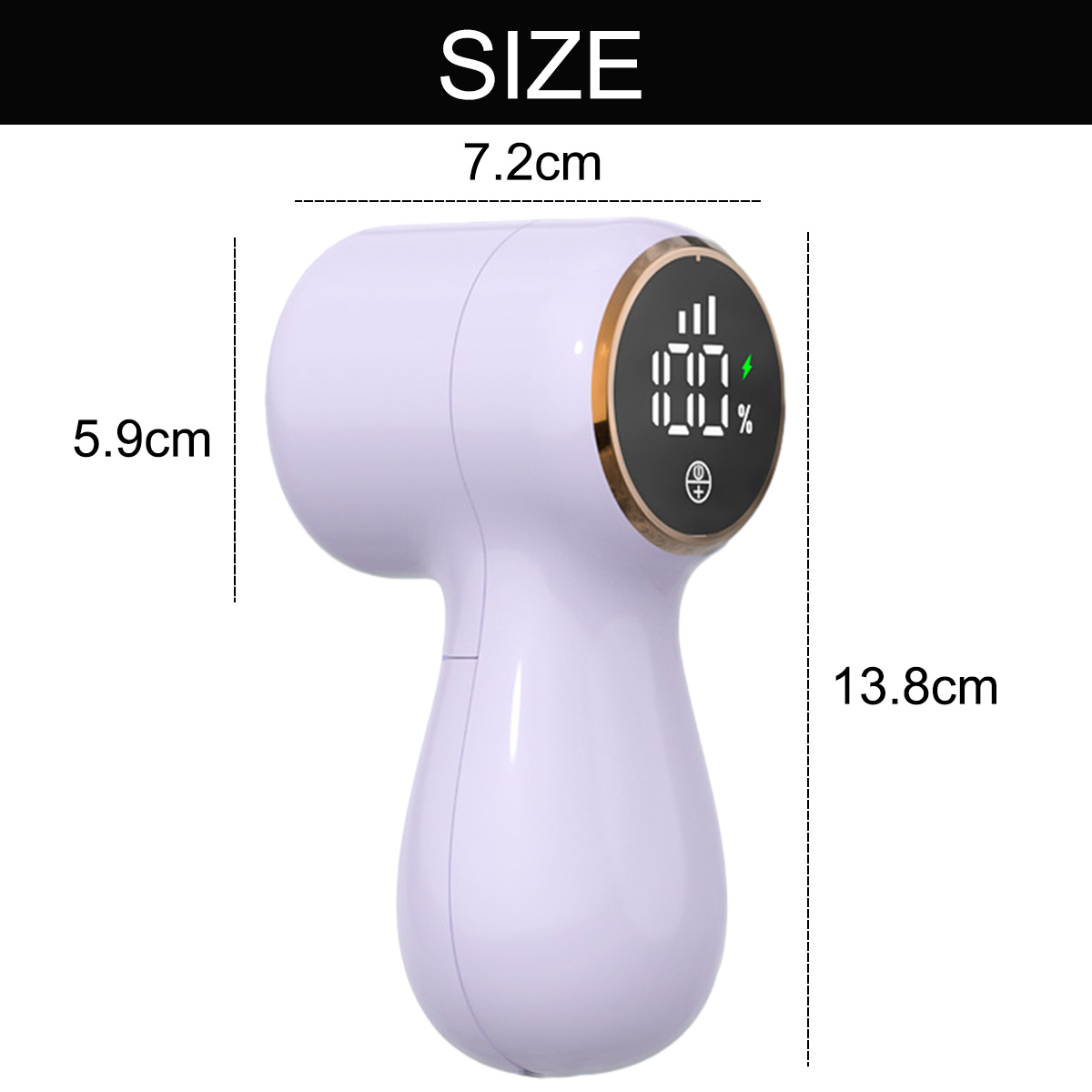 Gezeigt wird ein weißes und goldenes Gerät. Es hat eine Digitalanzeige mit Prozentanzeige. Die Abmessungen sind 7,2 cm, 5,9 cm und 13,8 cm.