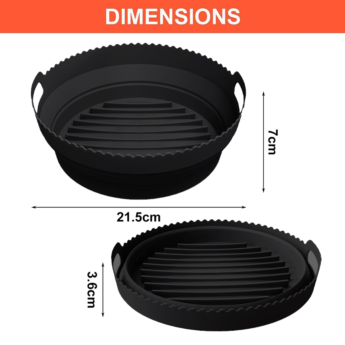 Zwei schwarze Silikon-Airfryer-Körbe werden gezeigt, einer offen, der andere gefaltet. Maße: 21,5 cm Durchmesser, 7 cm hoch, 3,6 cm gefaltet.