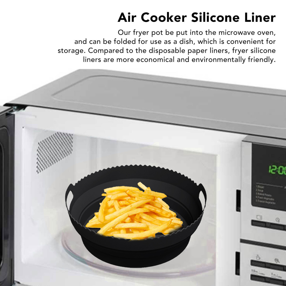 Ein schwarzer Silikonliner mit Pommes Frites in einer Mikrowelle. Die Mikrowelle zeigt die Uhrzeit 12:00. Text zum Produkt steht oben.