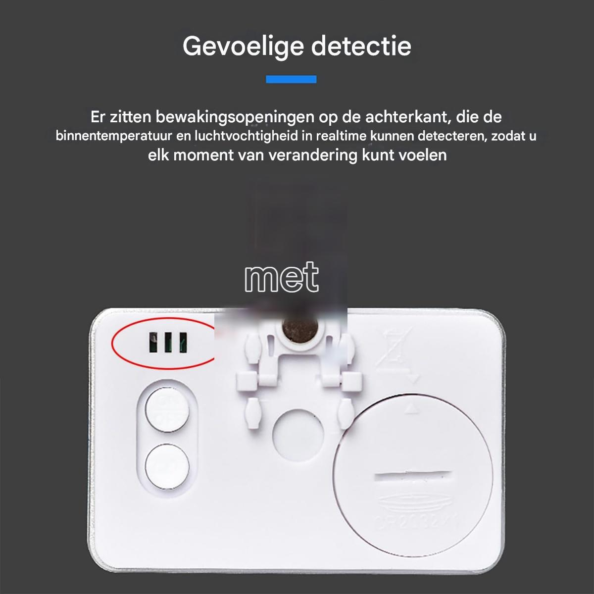 Ein weißes Gerät mit Knöpfen und einem Batteriefach. Niederländischer Text beschreibt die Funktionen und 'Gevoelige detectie'.