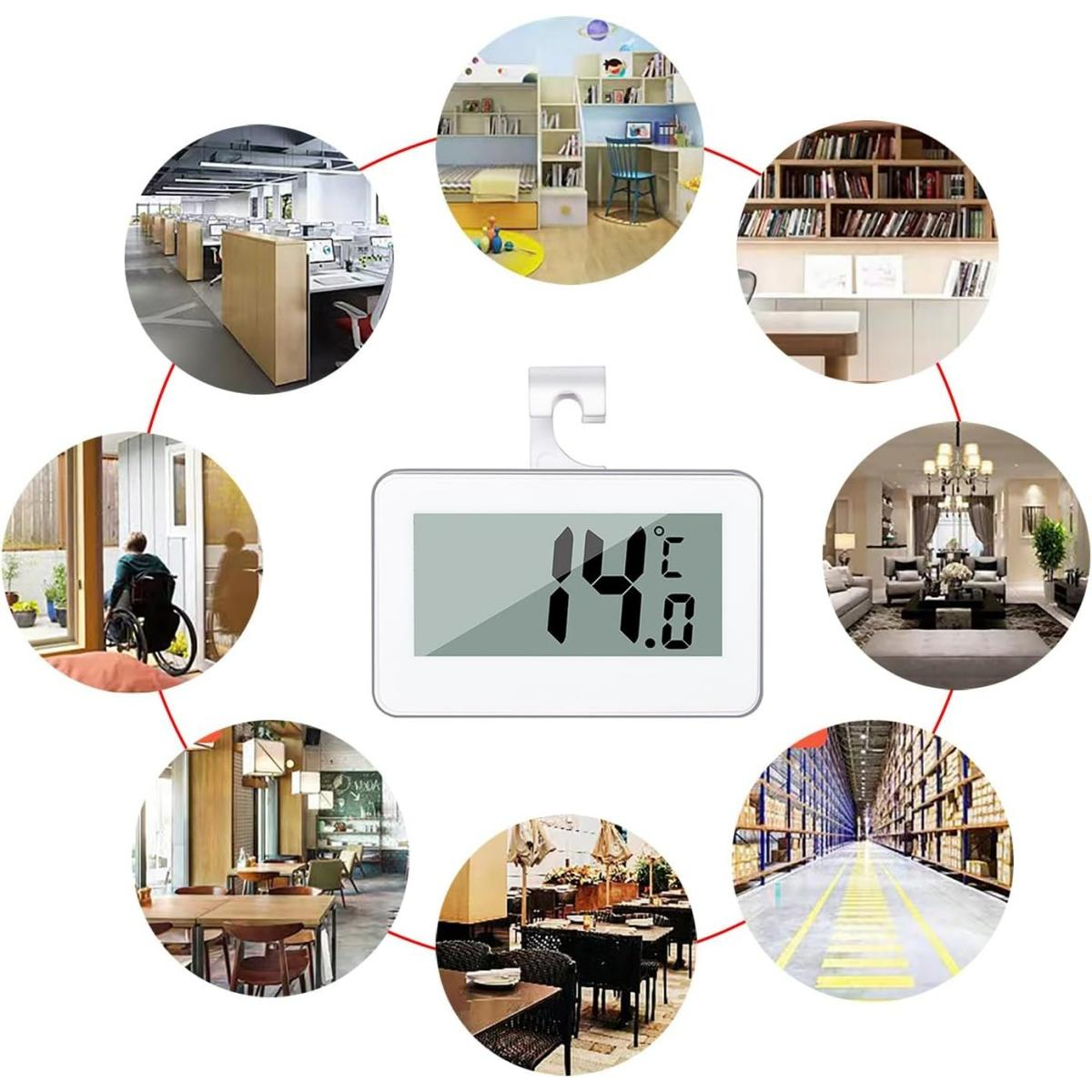 Ein Digitalthermometer zeigt 14,0°C an. Umgebende Bilder zeigen Büro, Bibliothek, Wohnzimmer, Lager, Restaurant und eine Person im Rollstuhl.