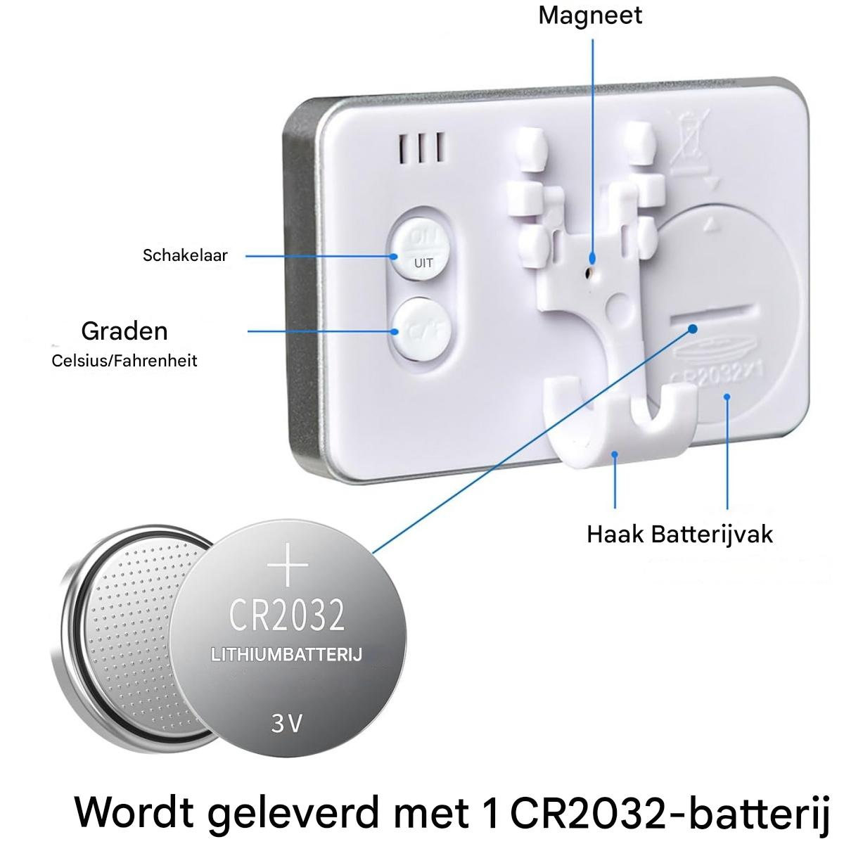 Ein weißes digitales Thermometer mit Knöpfen und einer Batterie. Eine CR2032-Batterie ist abgebildet. Textlabels weisen auf Merkmale wie Magnet und Haken hin.