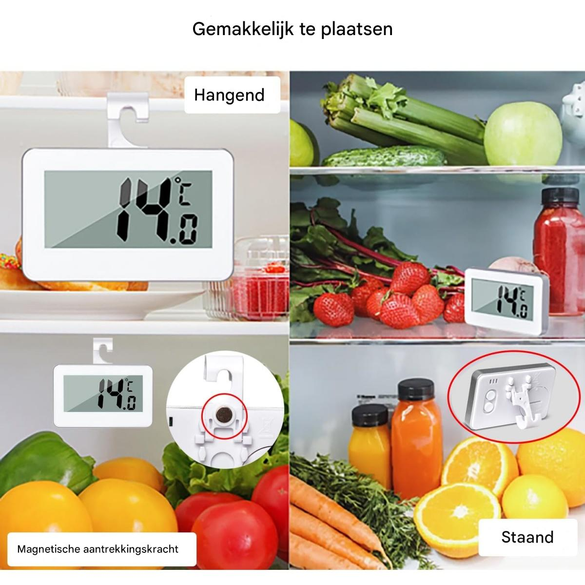 Das Bild zeigt ein Kühlschrankthermometer in verschiedenen Positionen: hängend, stehend und magnetisch. Obst und Gemüse sind ebenfalls sichtbar.