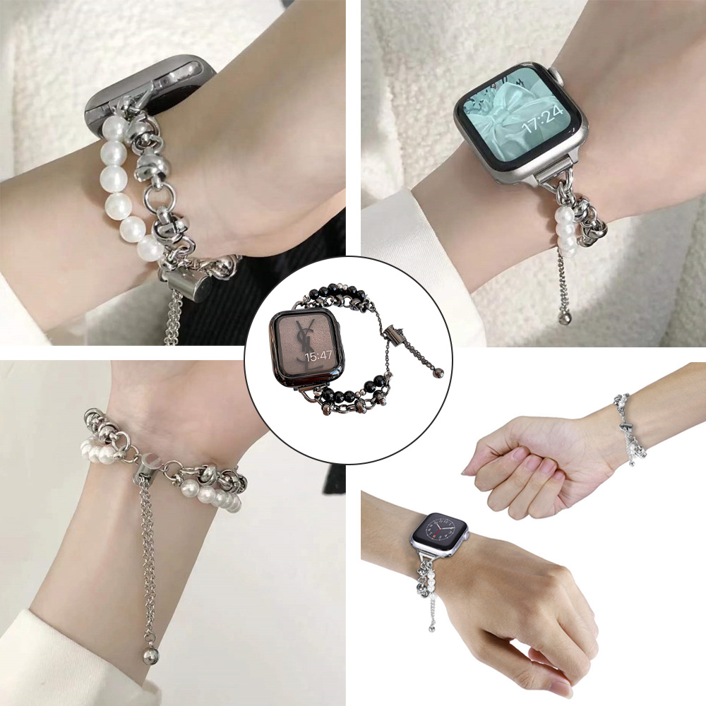 Eine Uhr mit einem dekorativen Armband mit Perlen und Metallelementen. Mehrere Ansichten der Uhr an Handgelenken.