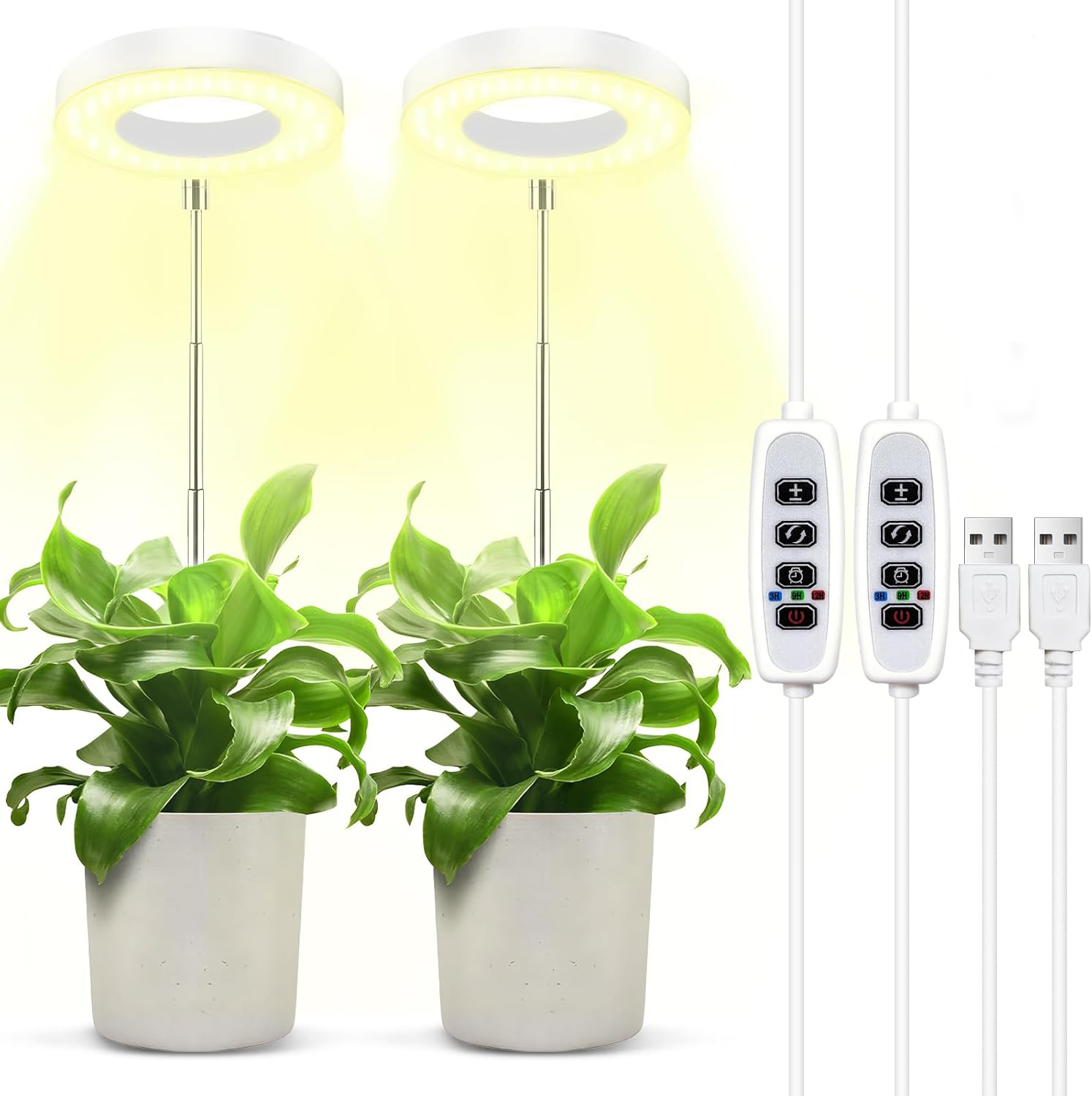 Zwei Pflanzen in weißen Töpfen unter Pflanzenlampen. Weiße Kabel führen zu Bedienfeldern und USB-Steckern.