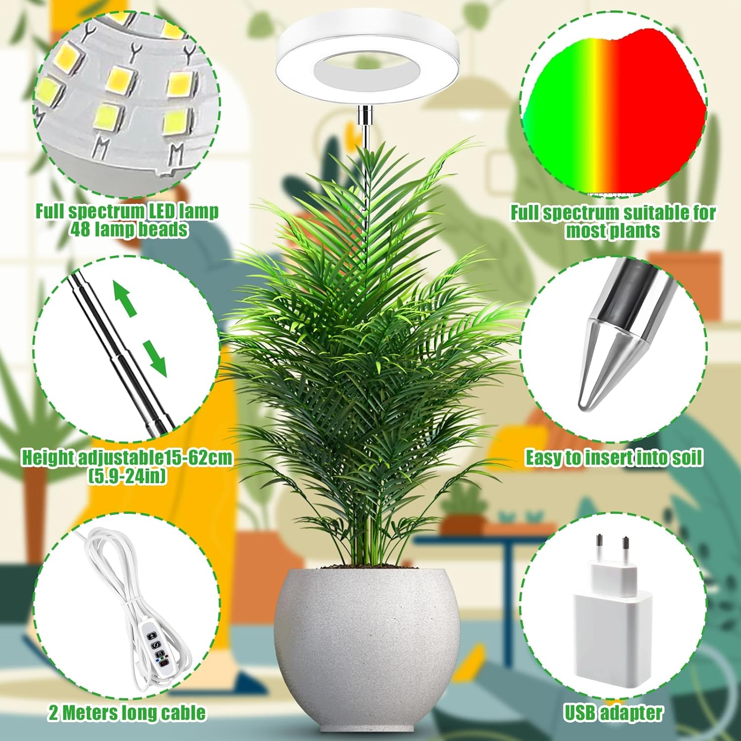 Eine Topfpflanze mit kreisförmiger LED-Wachstumslampe. Zusätzliche Details sind Lichtspektrum, Höhenverstellbarkeit und USB-Adapter.