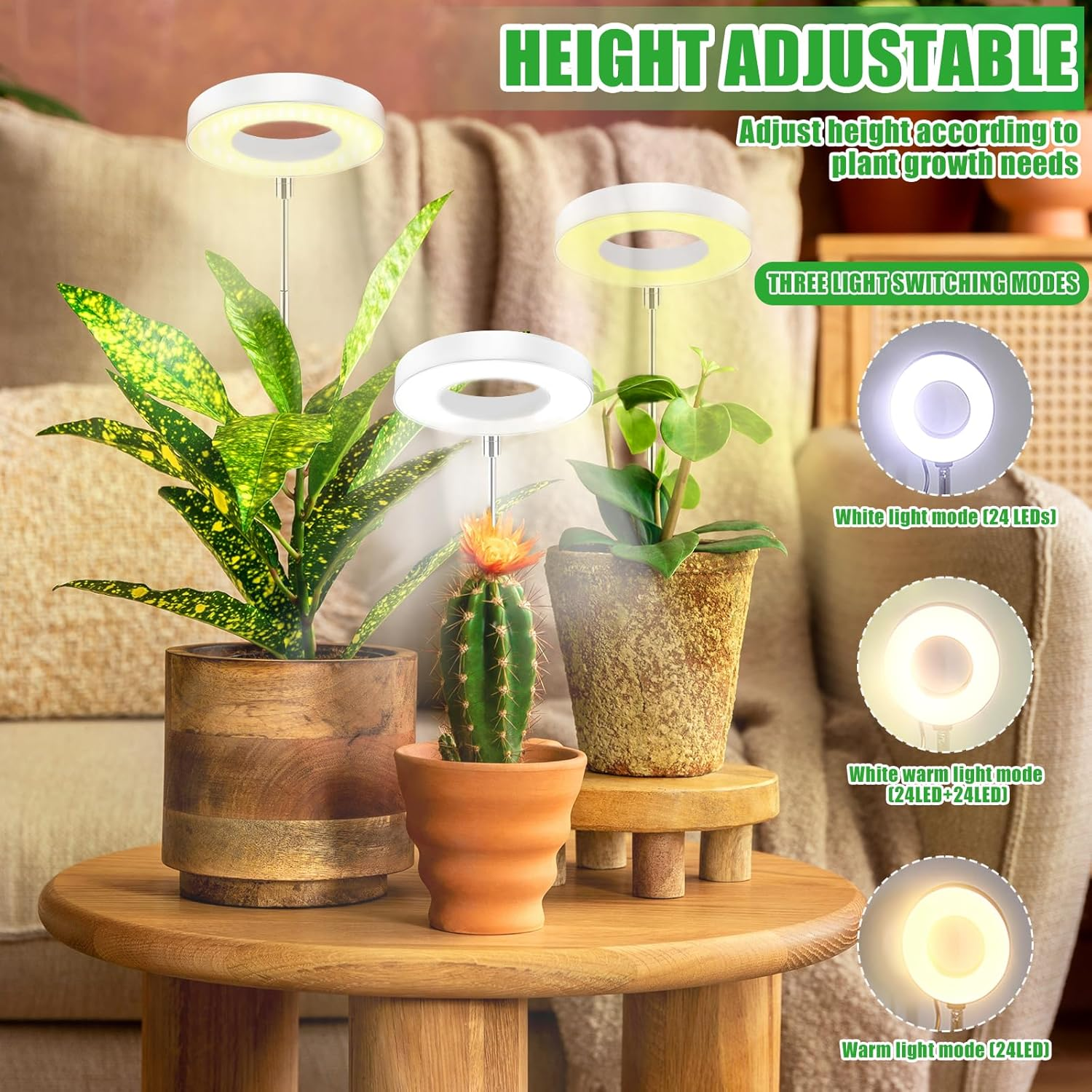 Das Bild zeigt Pflanzen mit Wachstumslichtern. Pflanzen stehen in Töpfen auf einem Holztisch. Details umfassen Text über Lichtmodi und Einstellbarkeit.
