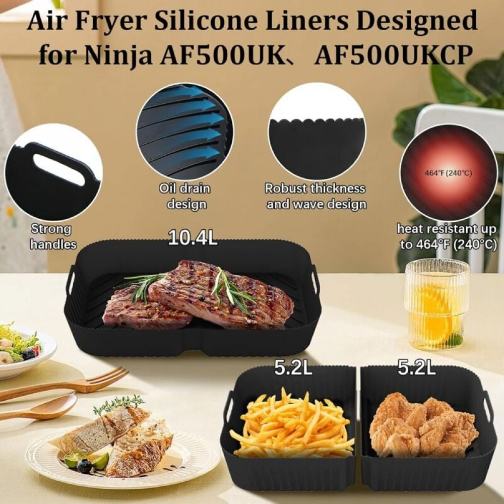 Schwarze Silikon-Airfryer-Einsätze. Zeigt Steak, Pommes und Hühnchen. Zu den Merkmalen gehören stabile Griffe, Ölablauf und Hitzebeständigkeit.