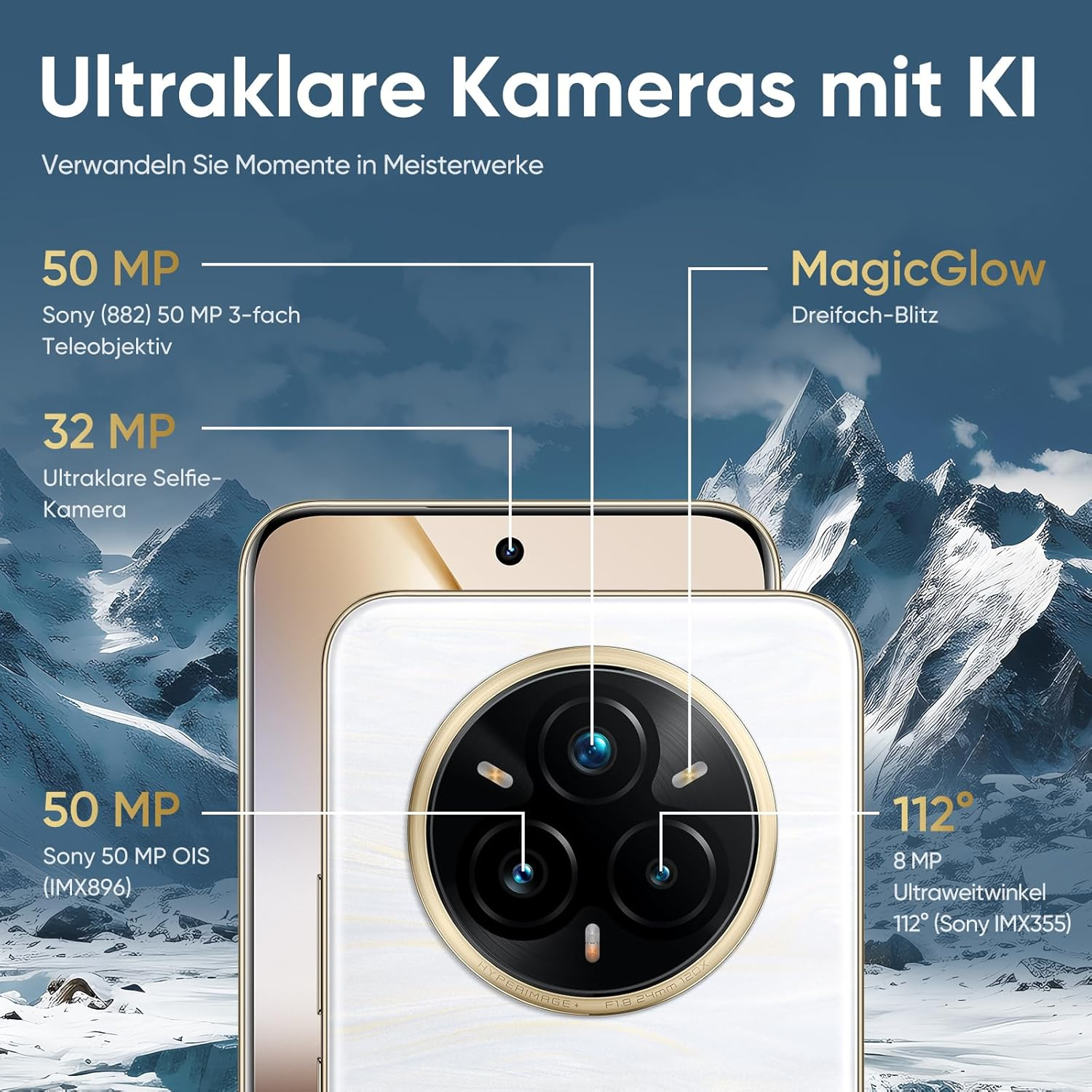 La imagen muestra un teléfono con detalles de la cámara. El texto resalta características como 50MP, 32MP y MagicGlow. El fondo muestra montañas.