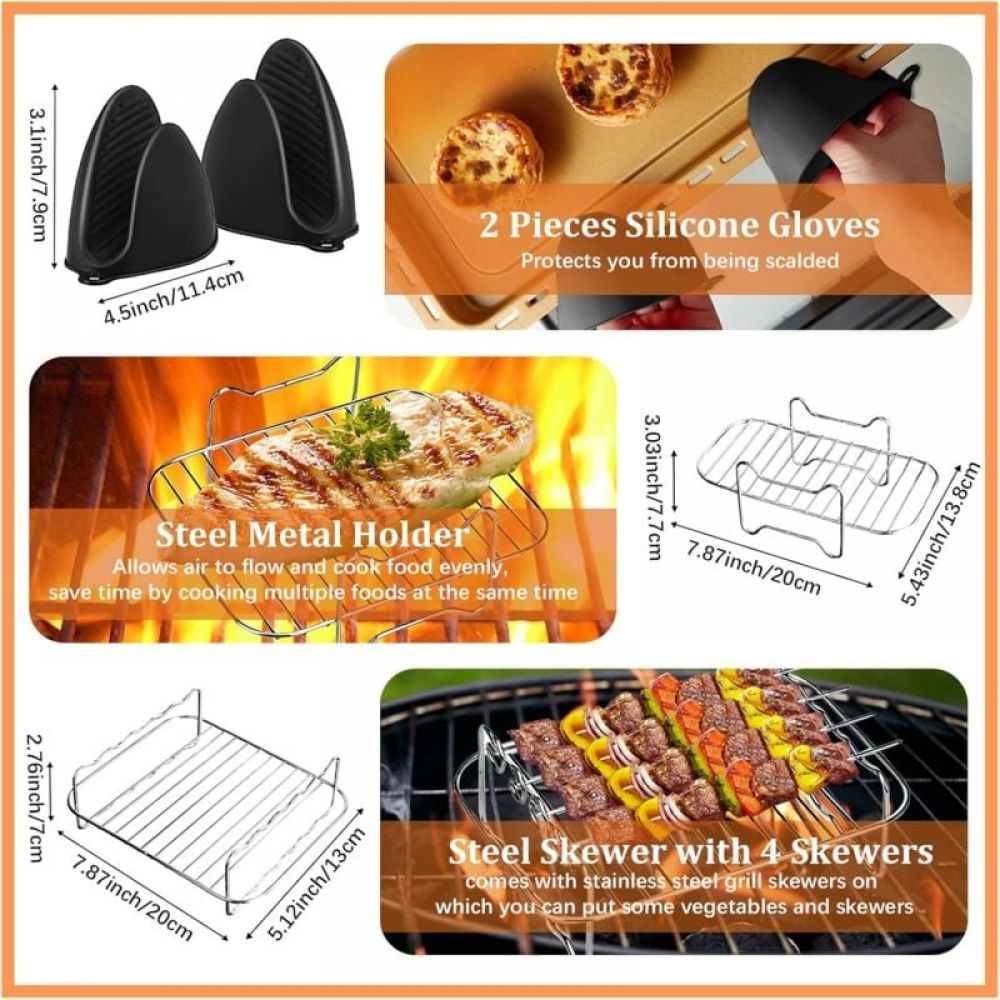 Das Bild zeigt BBQ-Werkzeuge: Silikonhandschuhe, Metallhalter und Spieße. Gegrillte Speisen sind ebenfalls sichtbar.