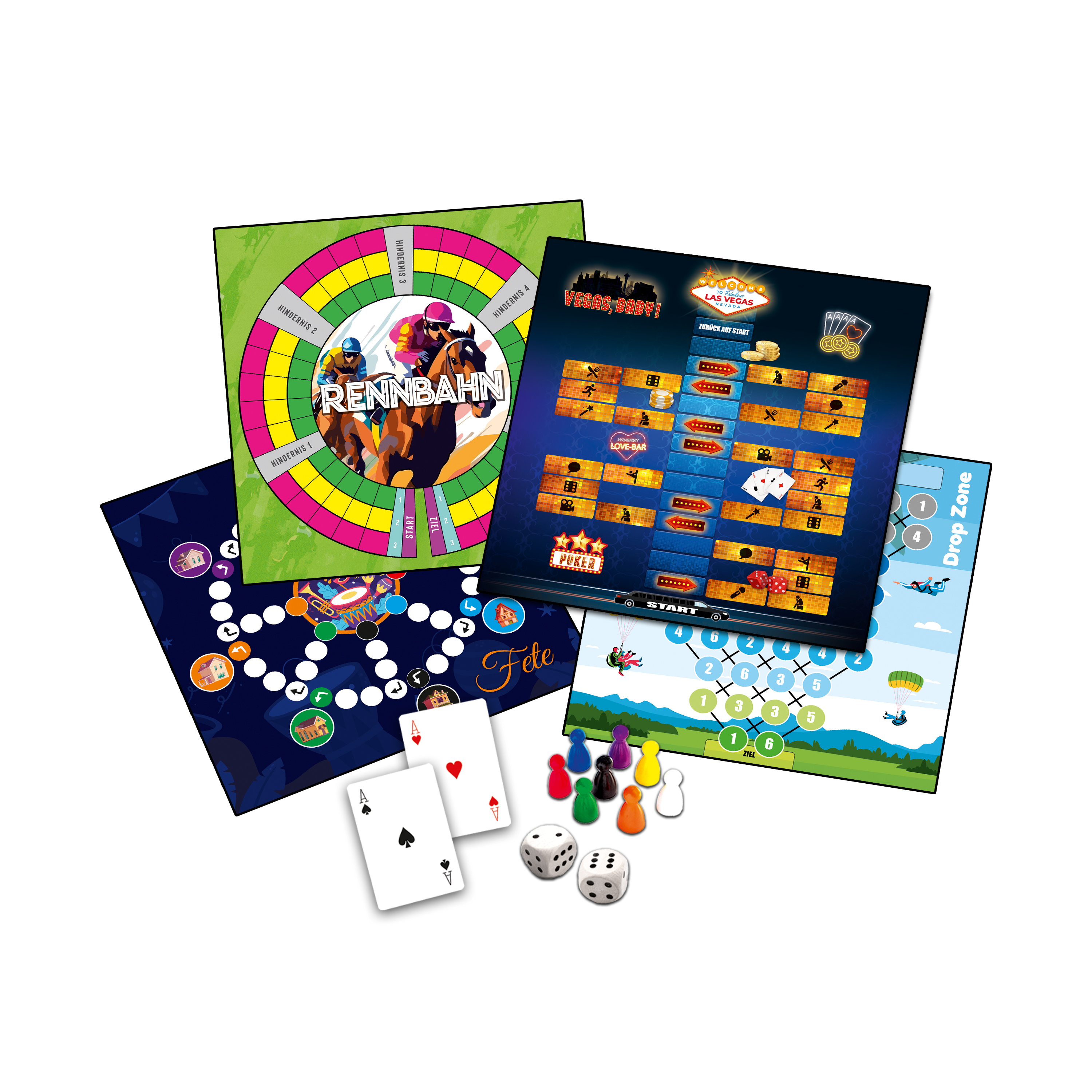 Brettspiele mit Rennpferden, Würfeln, Spielkarten und Spielfiguren auf weißem Hintergrund. Enthält ein Brett im Las Vegas-Design.