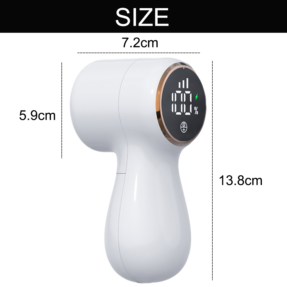 Ein weißes Handgerät mit Digitalanzeige zeigt Prozentsätze. Abmessungen: 7,2 cm, 5,9 cm und 13,8 cm. Das Wort GRÖSSE steht oben.