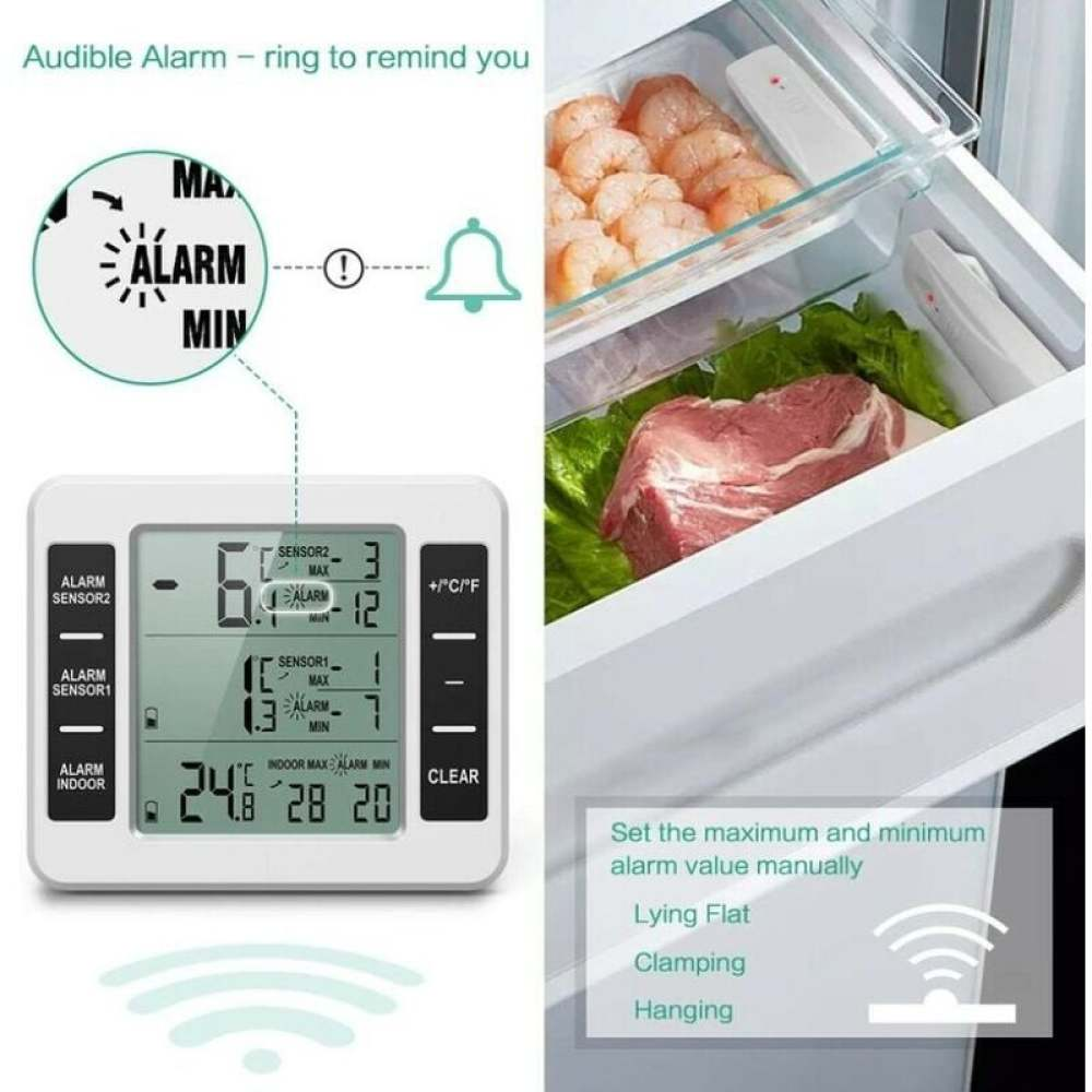 Ein digitales Thermometer zeigt die Temperatur an. Eine Kühlschublade enthält Fleisch und Garnelen. Ein Alarmsymbol ist sichtbar.
