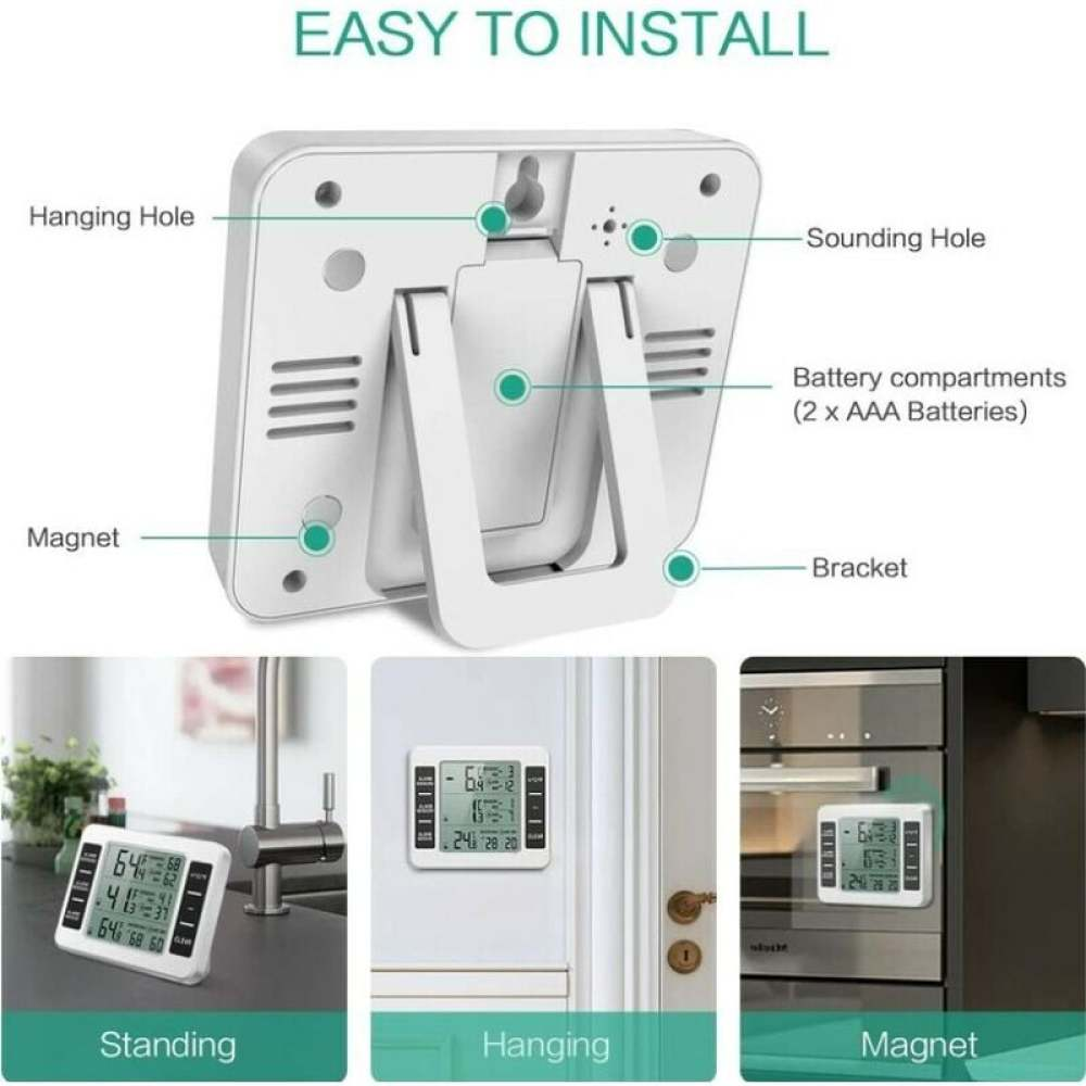 Weißer digitaler Timer mit mehreren Anzeigeoptionen. Er kann stehen, hängen oder magnetisch befestigt werden. Beschriftet mit 'Easy to Install'.