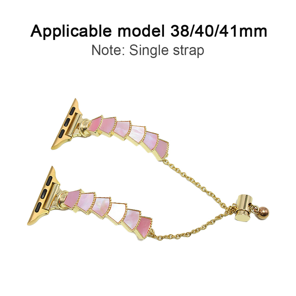 Goldenes Uhrenarmband mit rosa und weißen Segmenten und einer Kette. Text oben: 'Anwendbares Modell 38/40/41mm Hinweis: Einzelnes Armband'.
