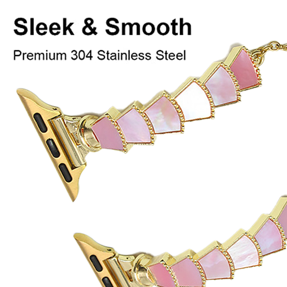 Goldenes Uhrenarmband mit rosa und weißen Segmenten. Der Text oben lautet „Sleek & Smooth“. Weißer Hintergrund.